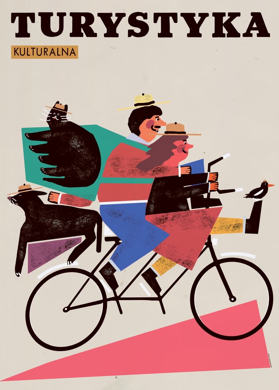 Poster Turystyka kulturalna, ludzie i zwierzęta na rowerze, 50x70 cm, by J. Zasada, Jakub Zasada