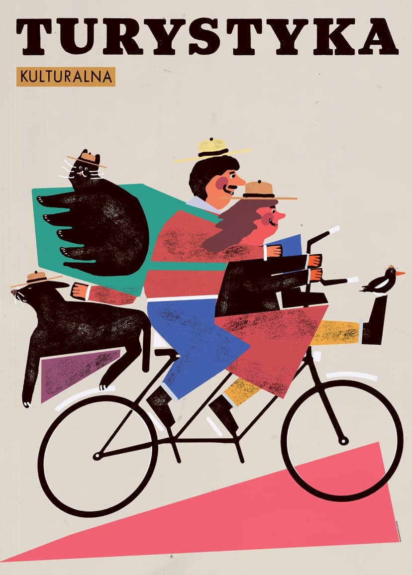 Plakat Turystyka kulturalna, ludzie i zwierzęta na rowerze, 50x70 cm, aut. J. Zasada, Jakub Zasada
