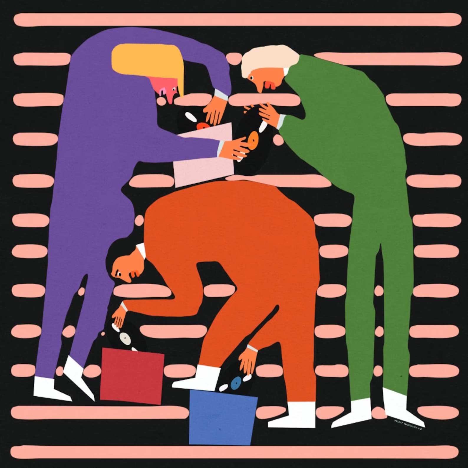 Plakat Winylowcy grzebią w płytach, mały kwadratowy plakat (różne kolory), 30x30 cm, aut. J. Zasada, Jakub Zasada - 67705