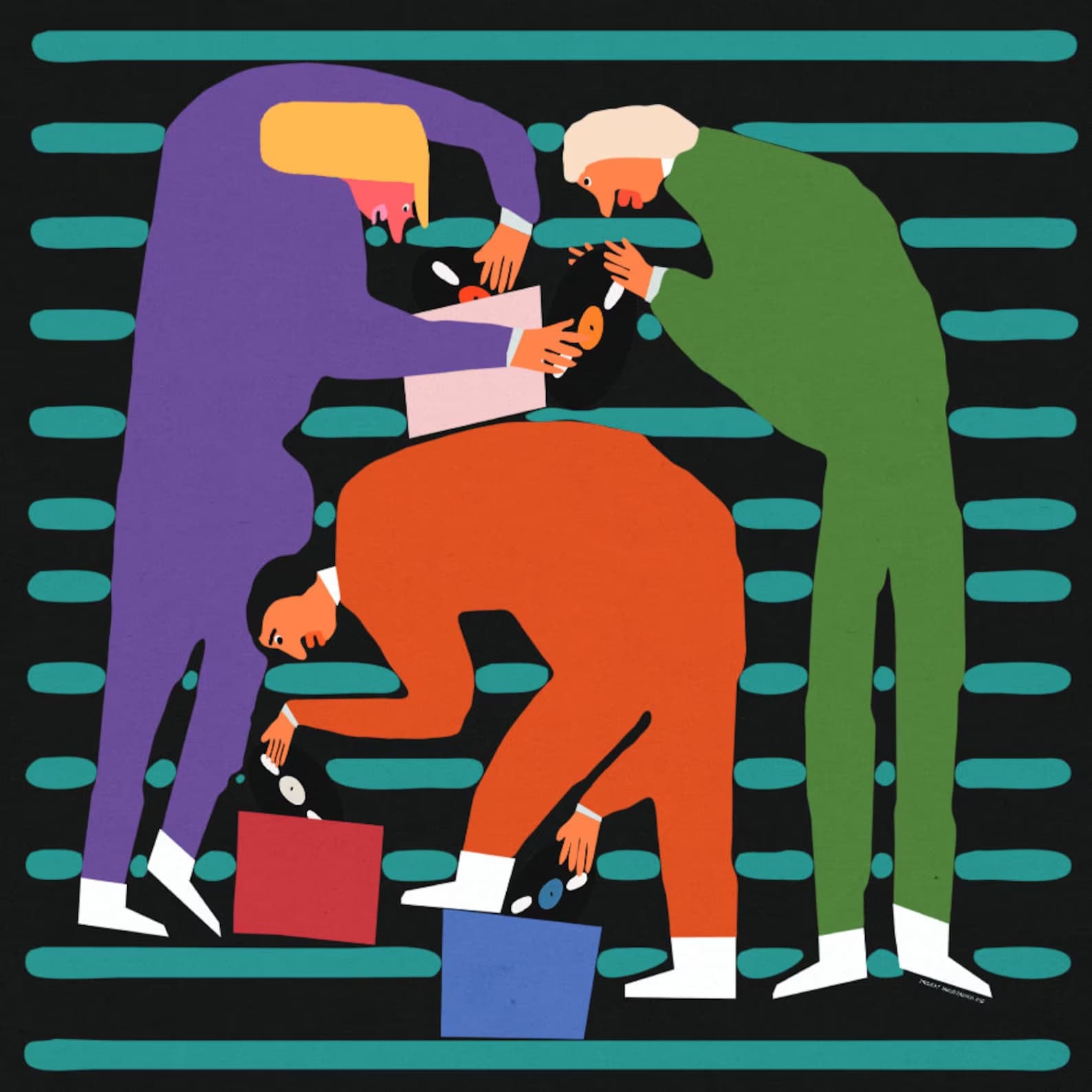 Plakat Winylowcy grzebią w płytach, mały kwadratowy plakat (różne kolory), 30x30 cm, aut. J. Zasada, Jakub Zasada - 67702