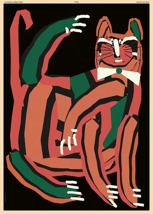 Plakat Światowy Dzień Kota, niezgrabny kot z pięcioma nogami, 30x40 cm, aut. J. Zasada, Jakub Zasada - WYMIARY