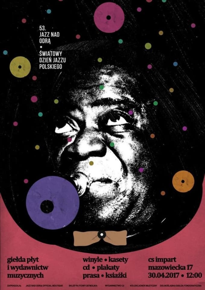 Plakat 53. Jazz nad Odrą, Światowy Dzień Jazzu Polskiego, giełda płyt i wydawnictw muzycznych, Louis Armstrong, 48x68 cm, aut. J. Zasada, Jakub Zasada