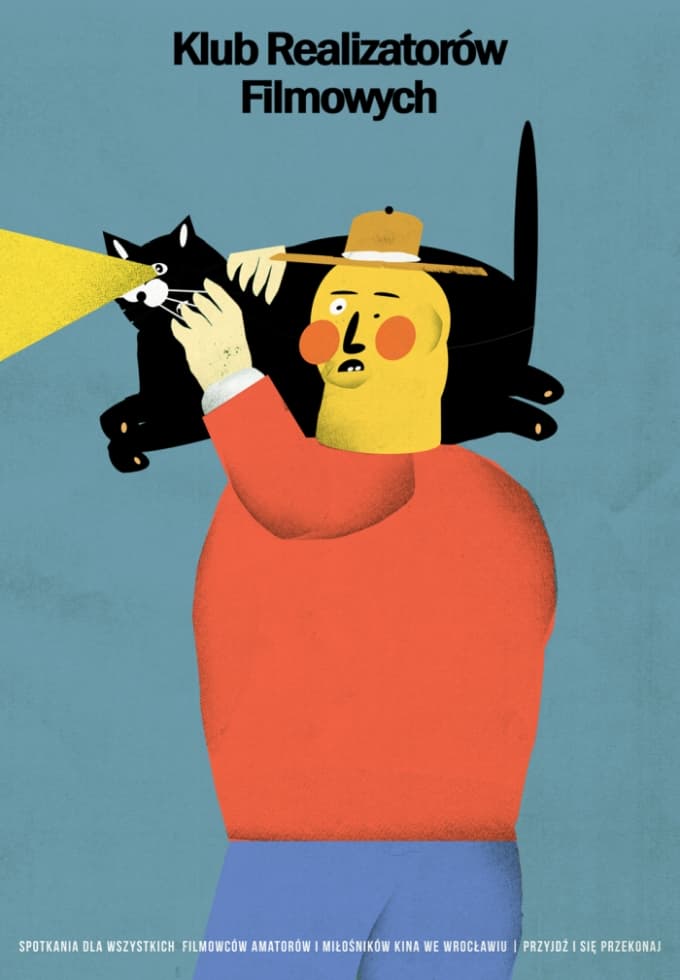 Plakat Klub Realizatorów Filmowych, człowiek z kotem-kamerą, 50x70 cm, aut. J. Zasada, Jakub Zasada