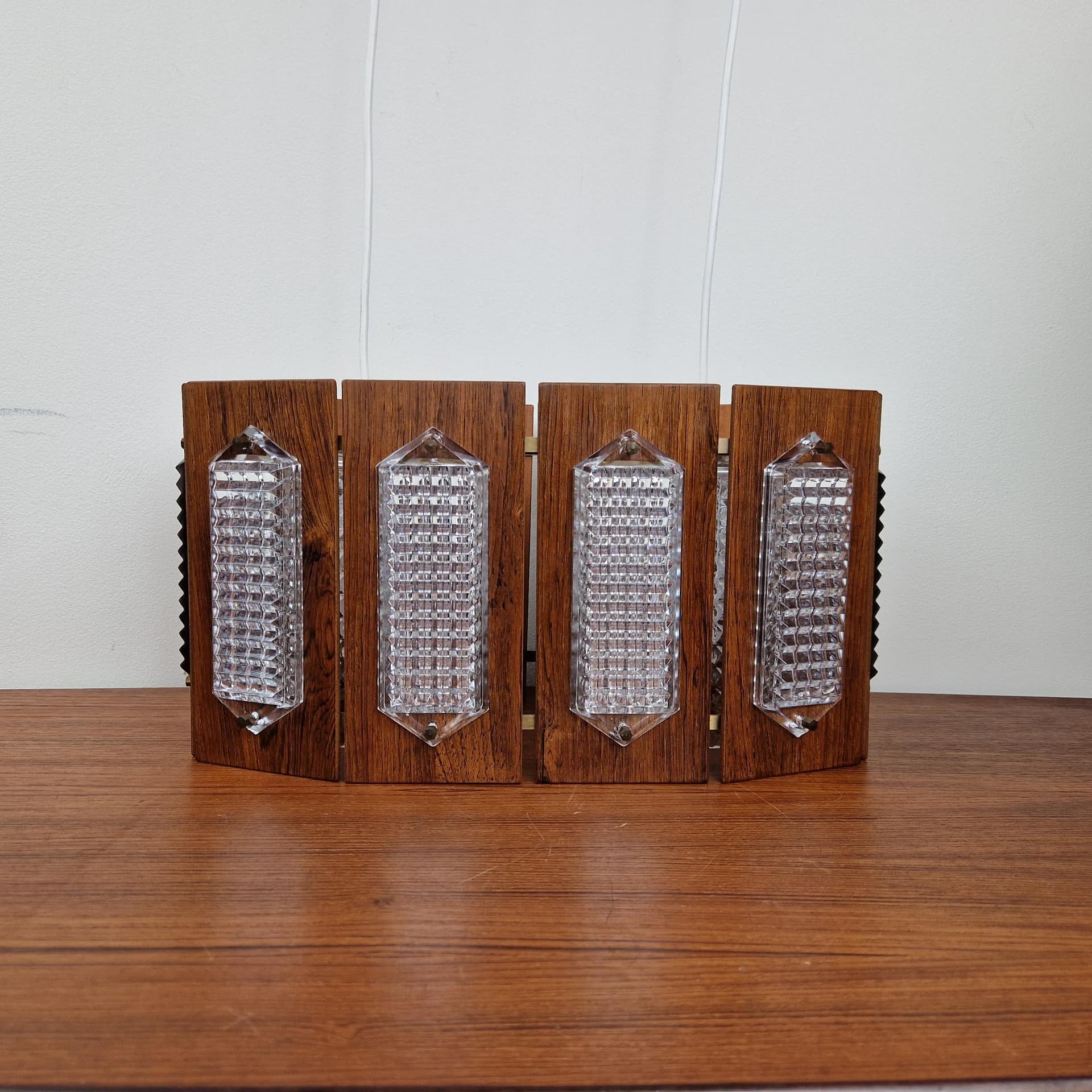 Żyrandol, teak brązowy, szkło transparentne, proj. W. Berndt, Flygsfors, Szwecja, lata 60. - 68706