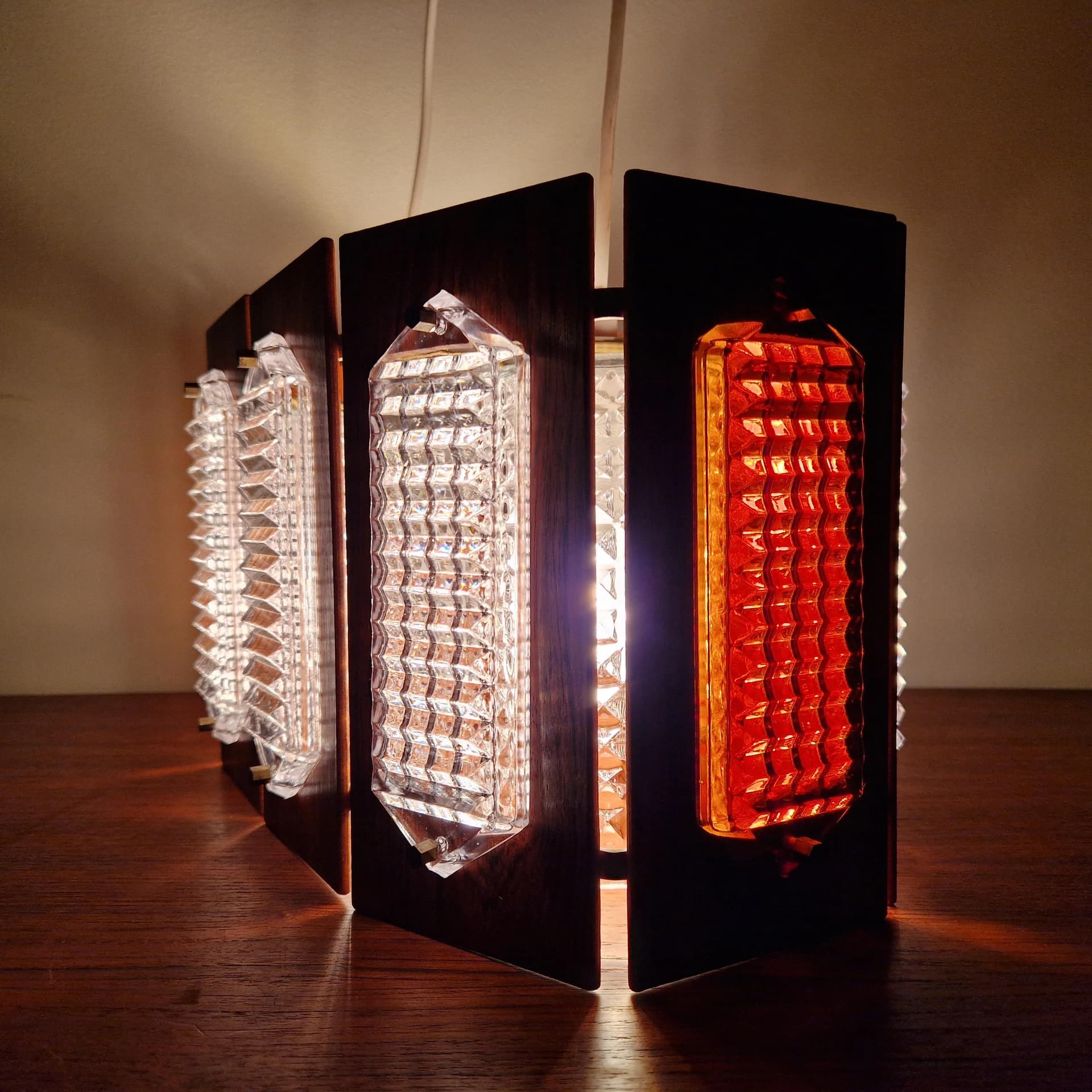 Żyrandol, teak brązowy, szkło transparentne, proj. W. Berndt, Flygsfors, Szwecja, lata 60. - 68711