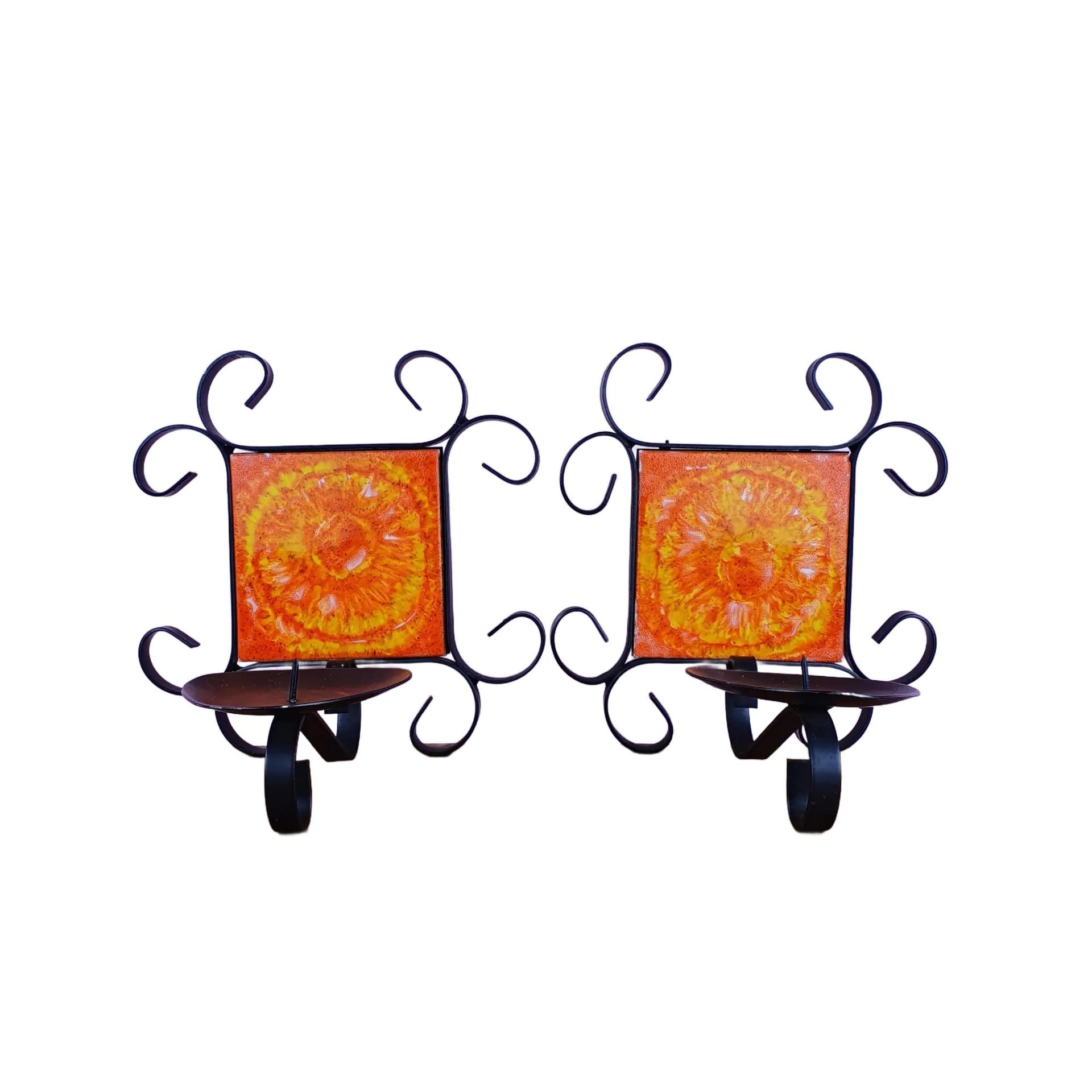 Para świeczników ściennych, ceramika pomarańczowa, metal czarny, Dania, lata 60.