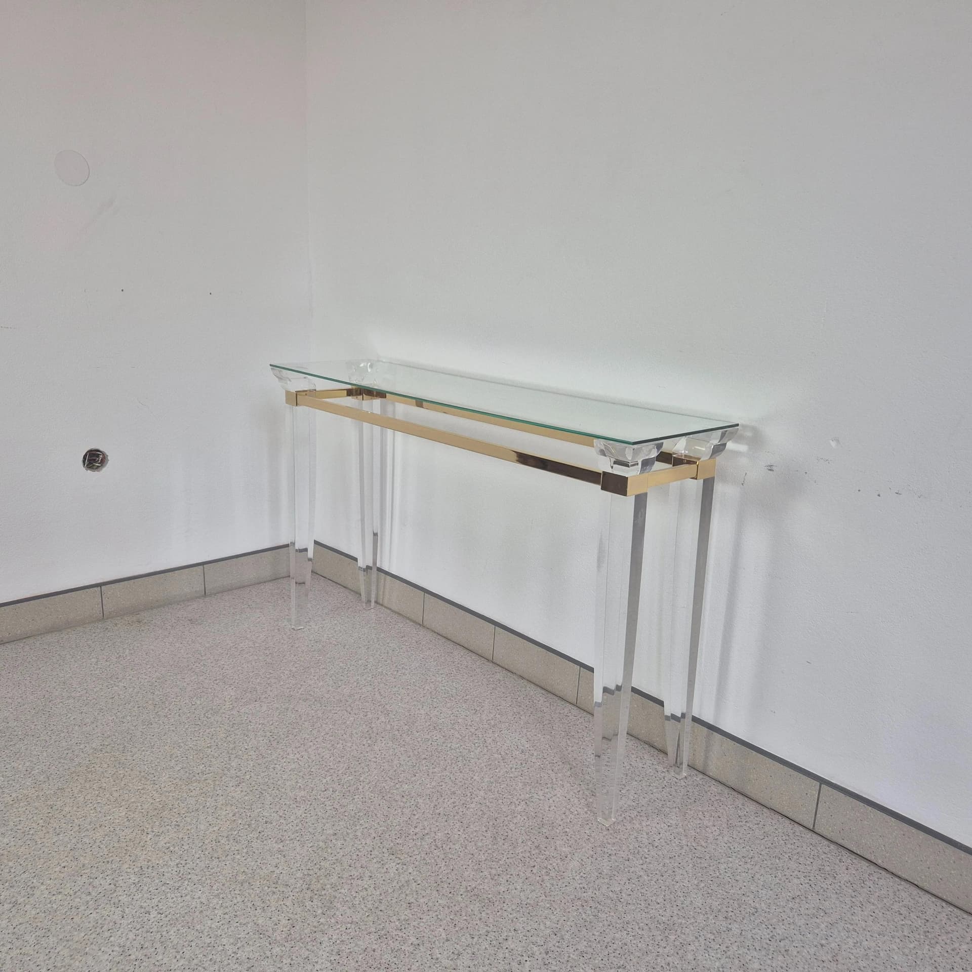Konsola Hollywood Regency, plexi transparent, mosiądz, szkło, Włochy, lata 80. - 69370
