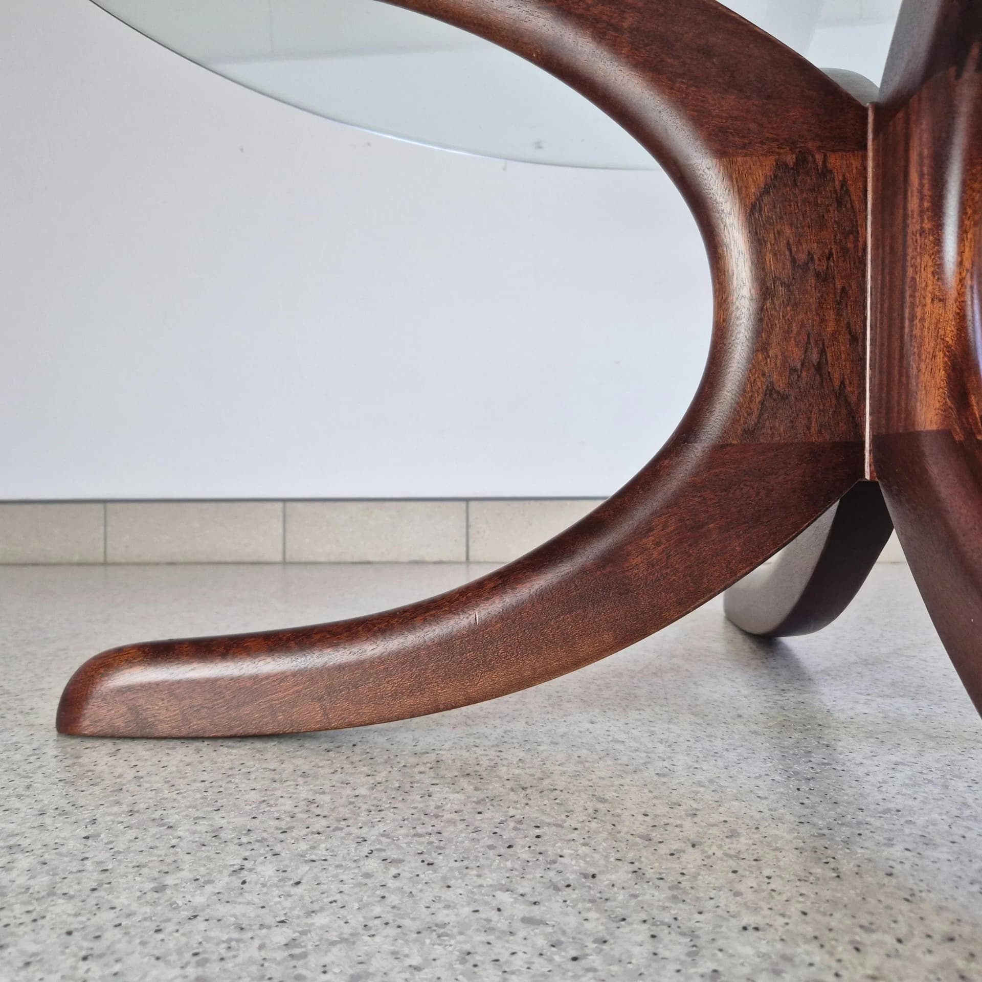 Round coffee table, brown mahogany, glass, Denmark, 1970s. - 69097