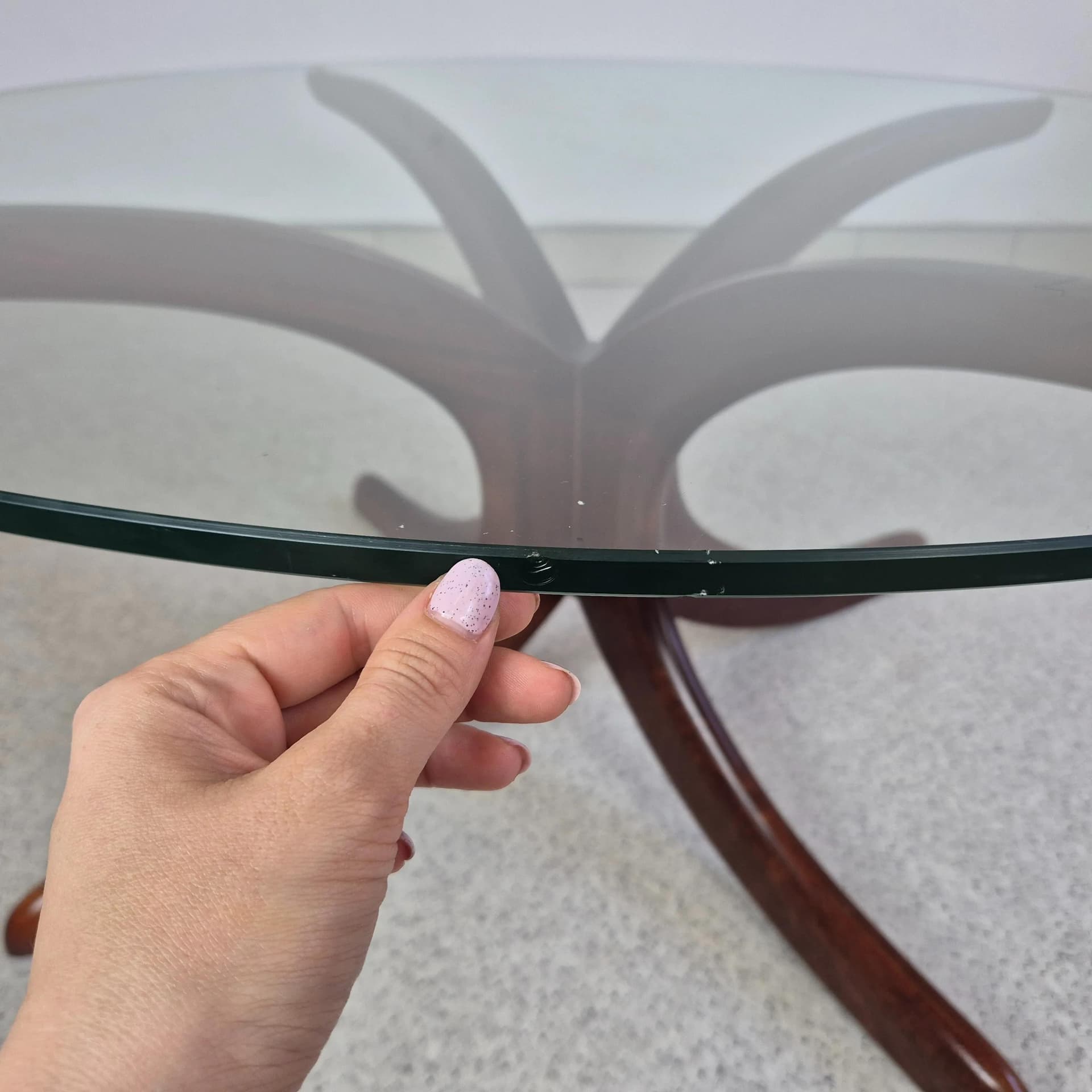 Round coffee table, brown mahogany, glass, Denmark, 1970s. - 69096