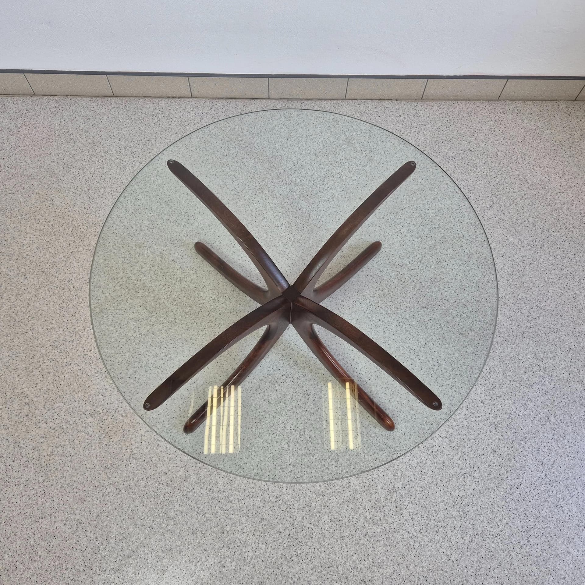 Round coffee table, brown mahogany, glass, Denmark, 1970s. - 69091