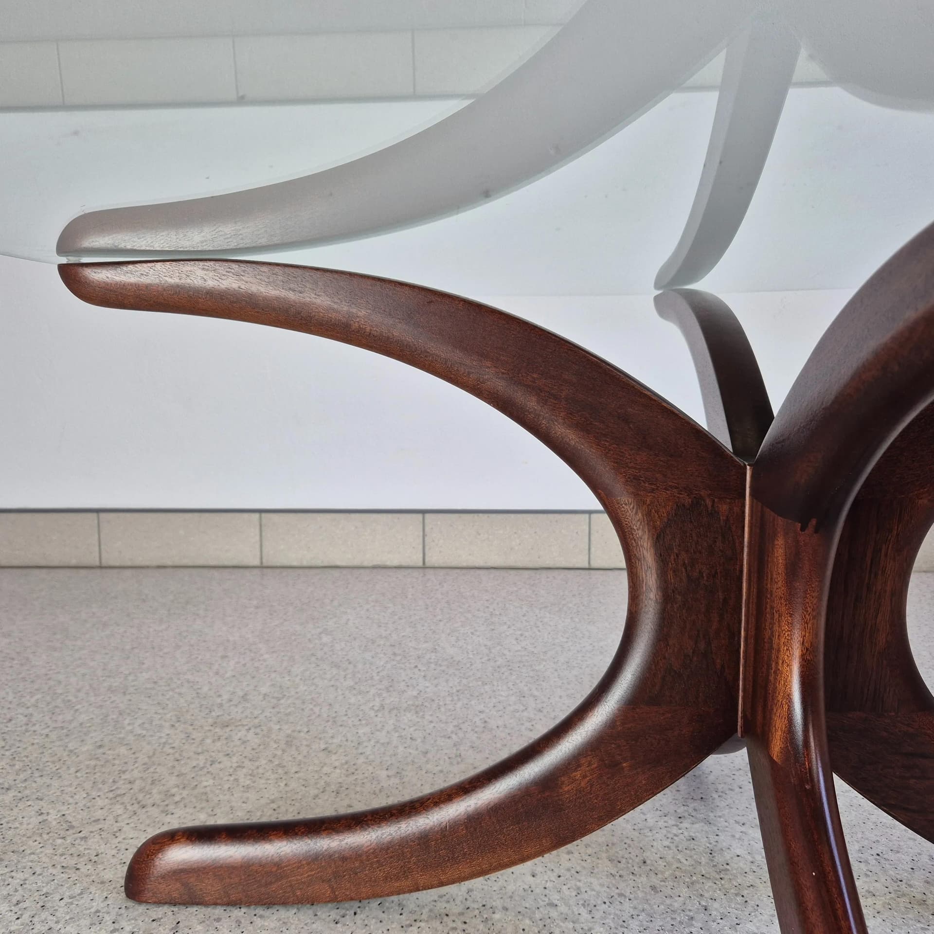 Round coffee table, brown mahogany, glass, Denmark, 1970s. - 69093
