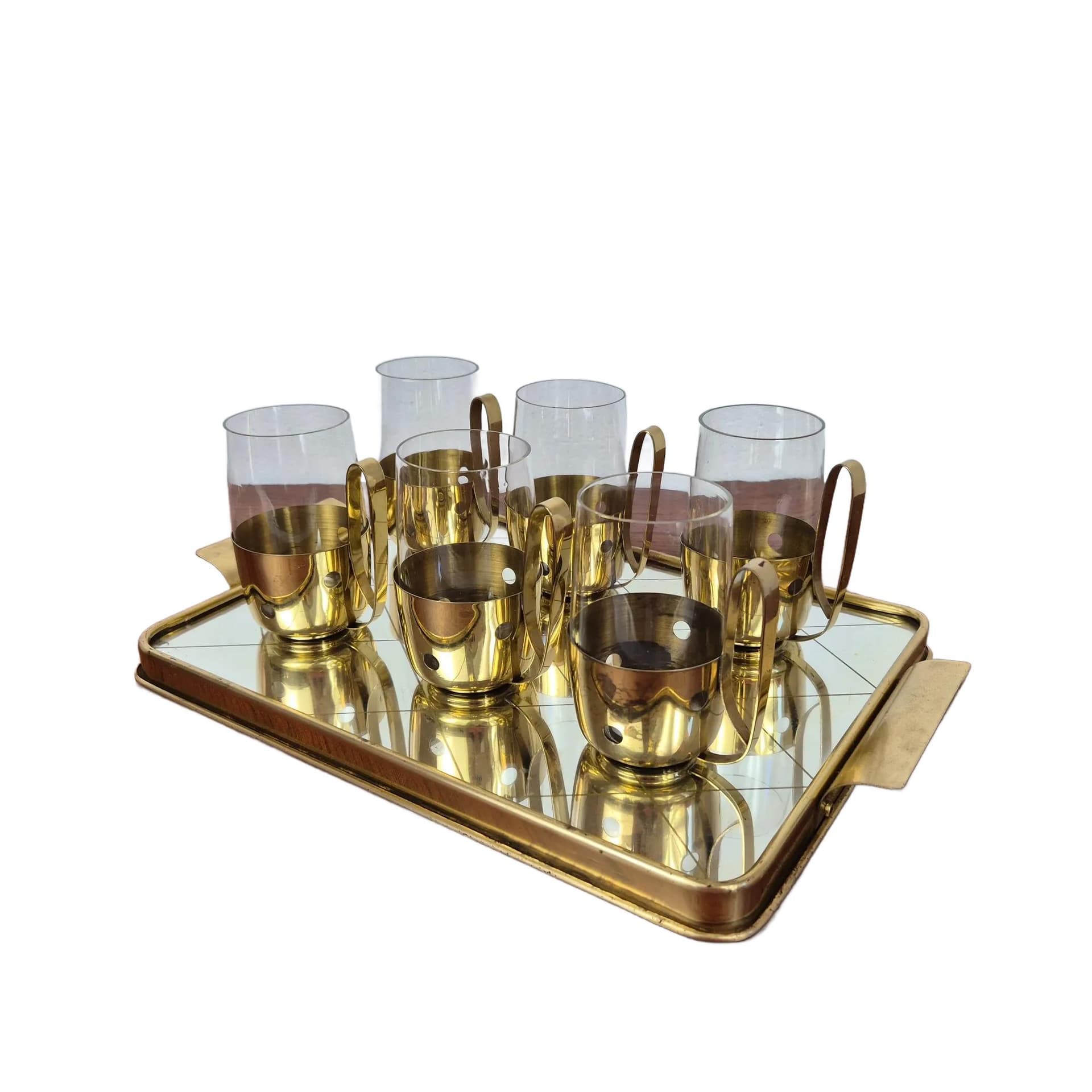 Komplet szklanek z tacą, złoty, szkło mosiądz, Niemcy, lata 50.
