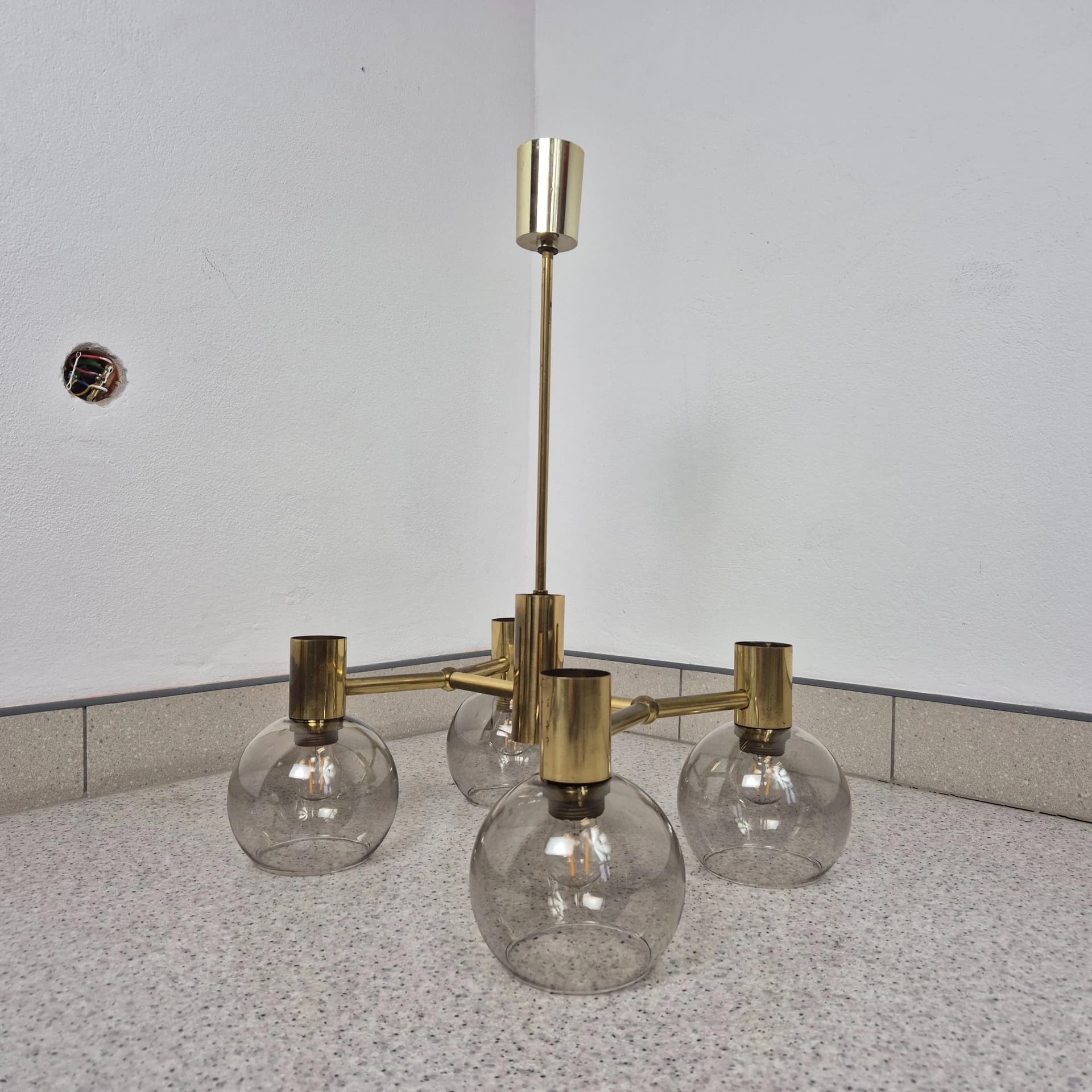 Żyrandol Hadar Leuchten, mosiądz złoty, szkło transparentne, Niemcy, lata 60. - 68841