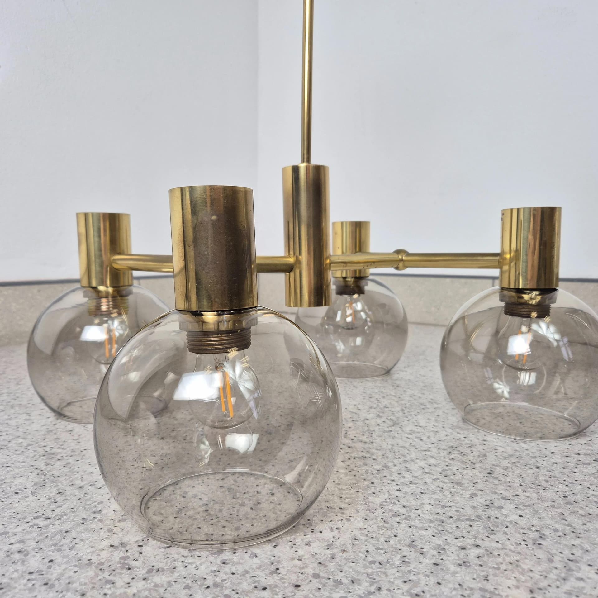 Żyrandol Hadar Leuchten, mosiądz złoty, szkło transparentne, Niemcy, lata 60. - 68845