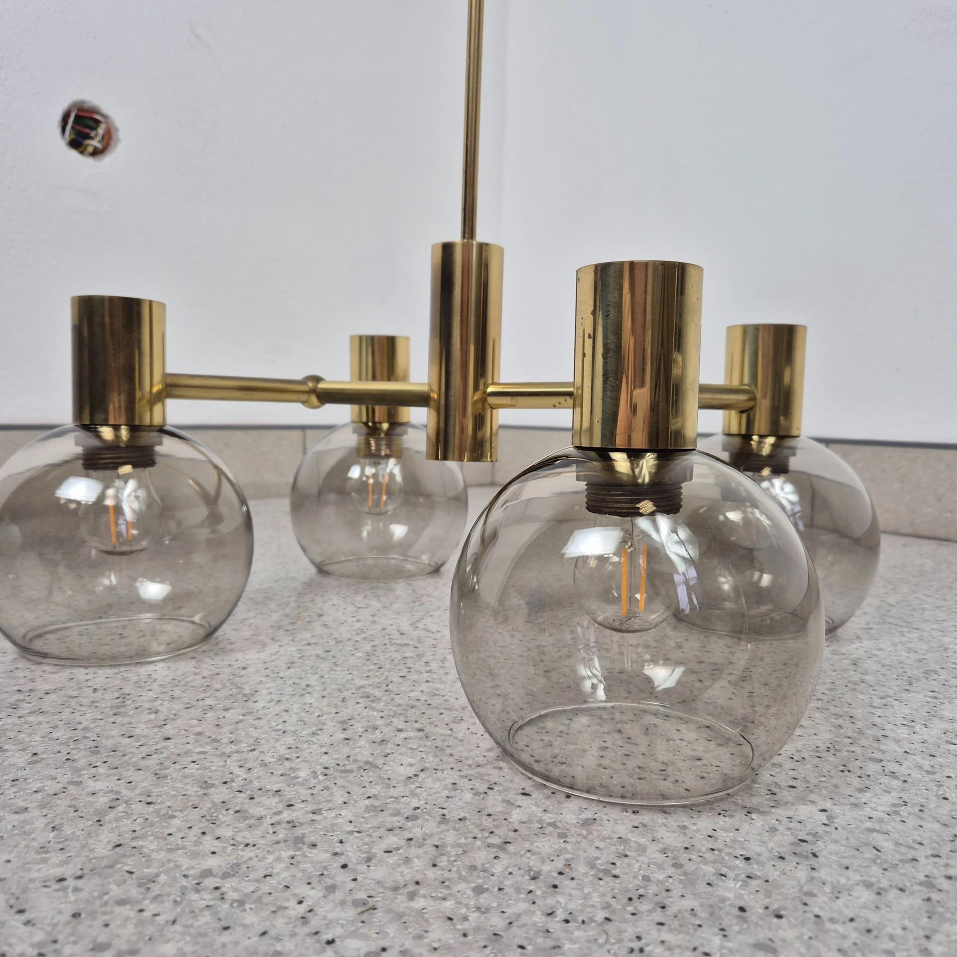 Żyrandol Hadar Leuchten, mosiądz złoty, szkło transparentne, Niemcy, lata 60. - 68839