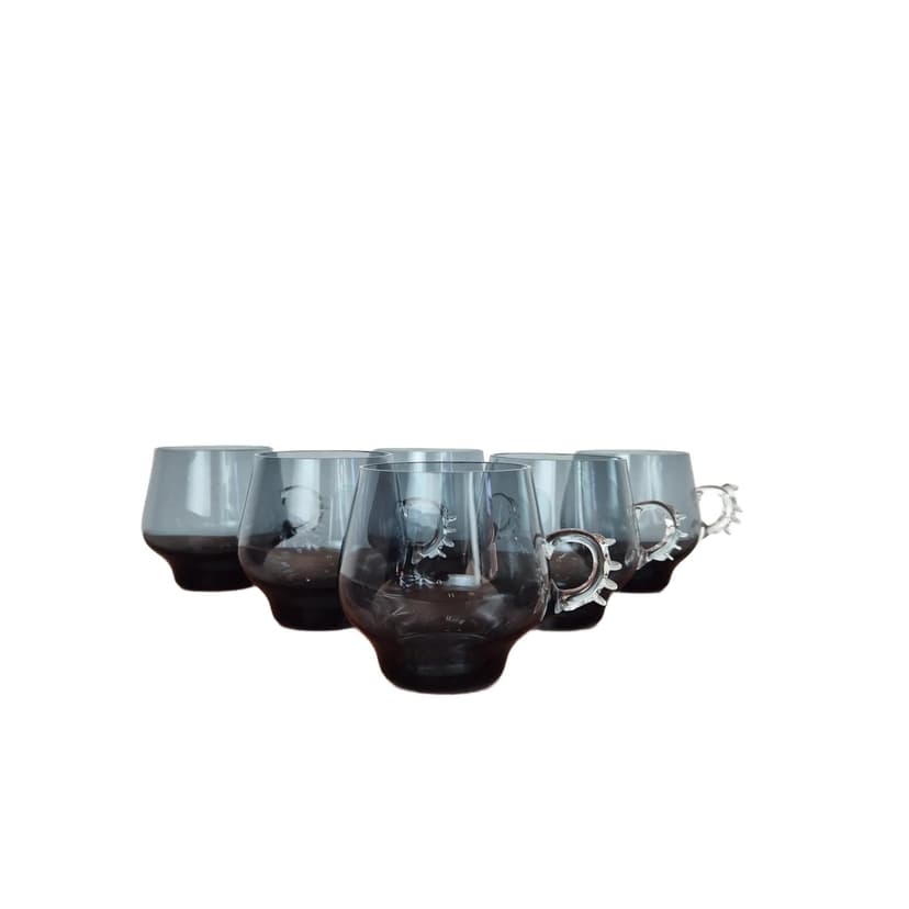 Komplet sześciu szklanek Atlantis, szkło szare, proj. P. Lütken, Holmegaard, Dania, lata 80.