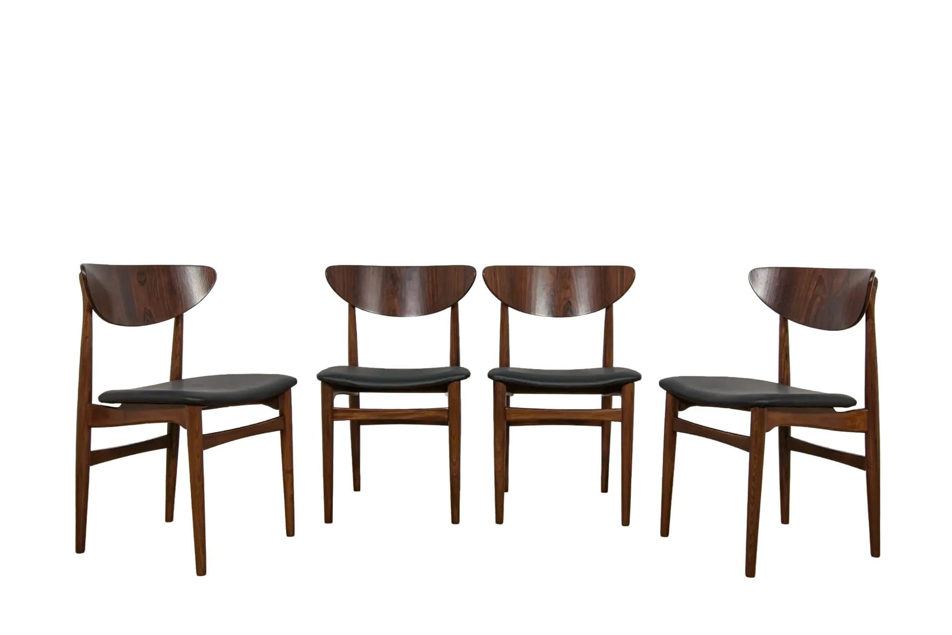 Komplet czterech krzeseł, buk brązowy, palisander brązowy, skóra naturalna czarna, Dania, lata 60.