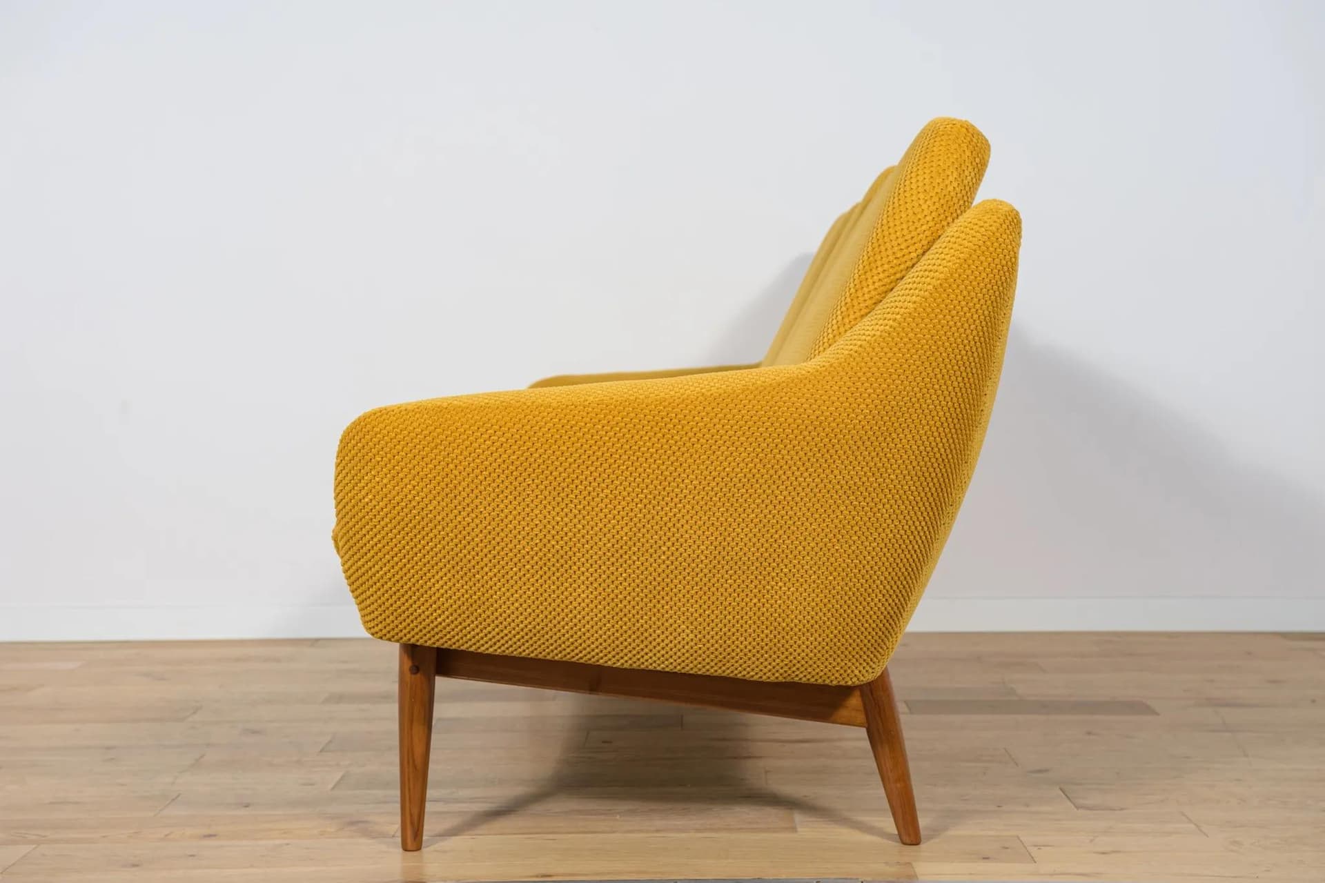 Three-seater sofa, yellow, wool, teak, by G. Berg, Norway, 1960s. - 71886