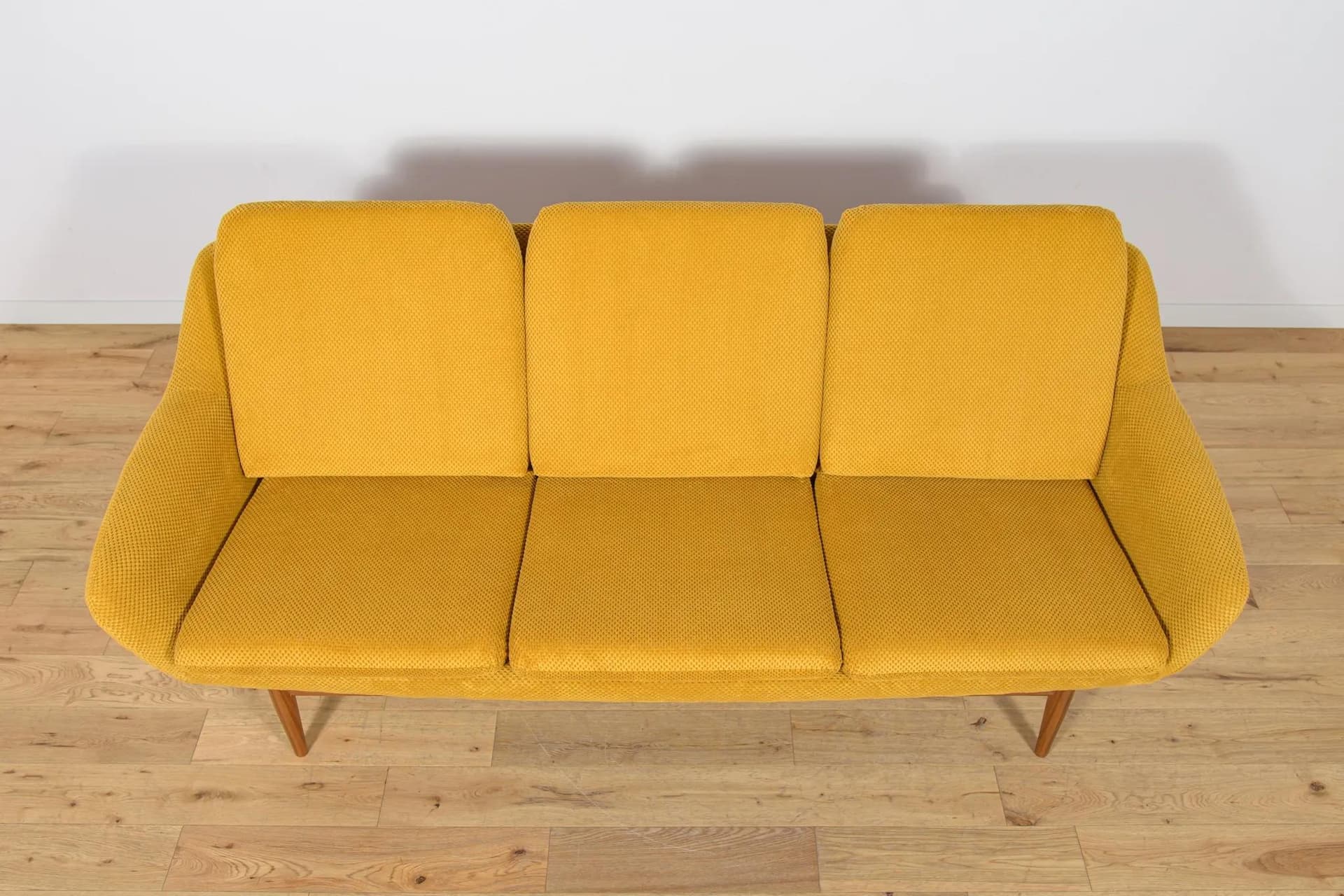 Three-seater sofa, yellow, wool, teak, by G. Berg, Norway, 1960s. - 71890