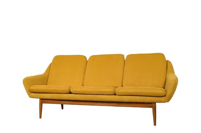 Three-seater sofa, yellow, wool, teak, by G. Berg, Norway, 1960s. - DIMENSION