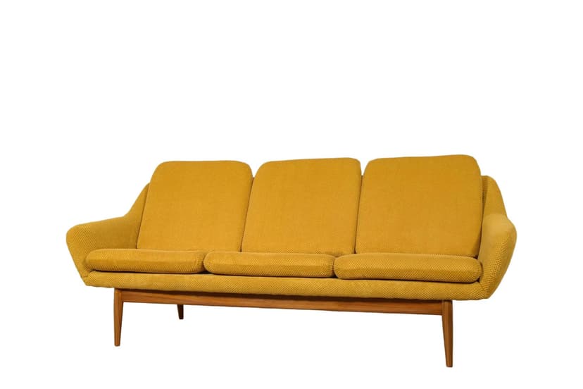 Sofa trzyosobowa, żółta, wełna, teak, proj. G. Berg, Norwegia, lata 60.