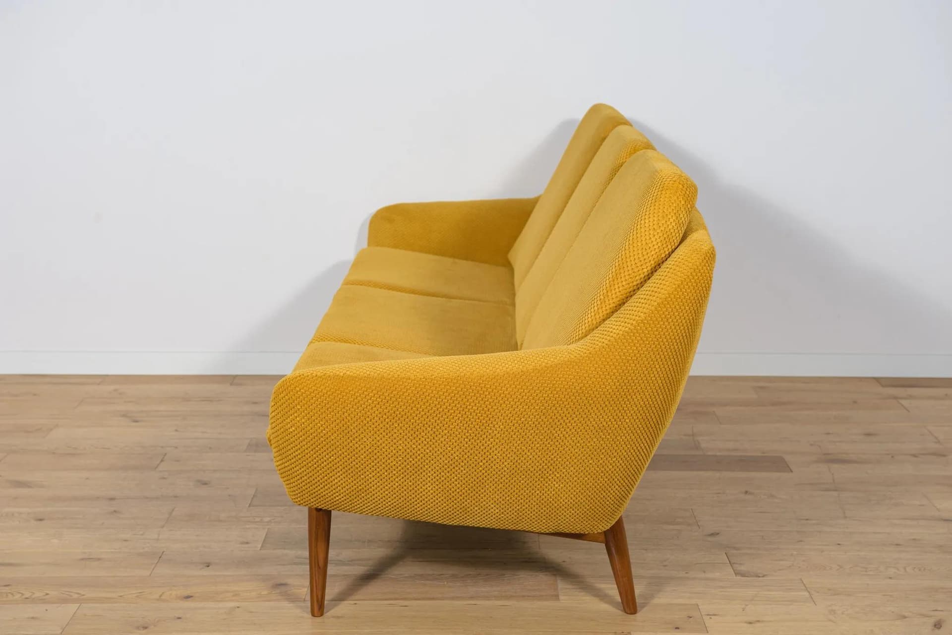 Three-seater sofa, yellow, wool, teak, by G. Berg, Norway, 1960s. - 71887