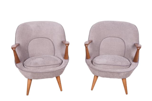 Para foteli 345, tkanina szara, drewno dąb, proj. J. Jędrachowicz i K. Racinowski, Poznańskie Fabryki Mebli, Polska, lata 50. - WYMIARY