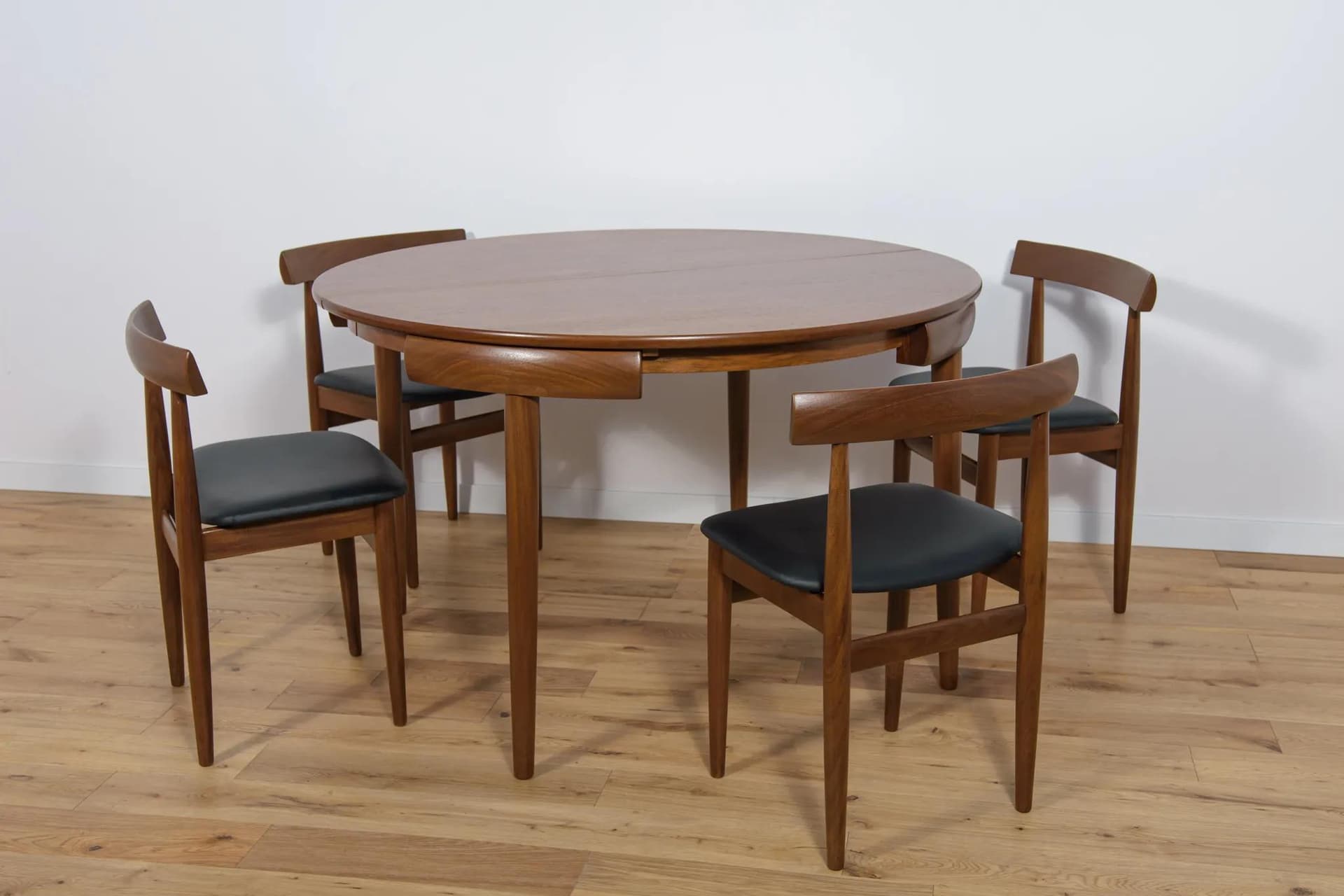 Zestaw jadalniany, teak brązowy, skóra naturalna czarna, proj. H. Olsen, Frem Røjle, Dania, lata 60. - 71847