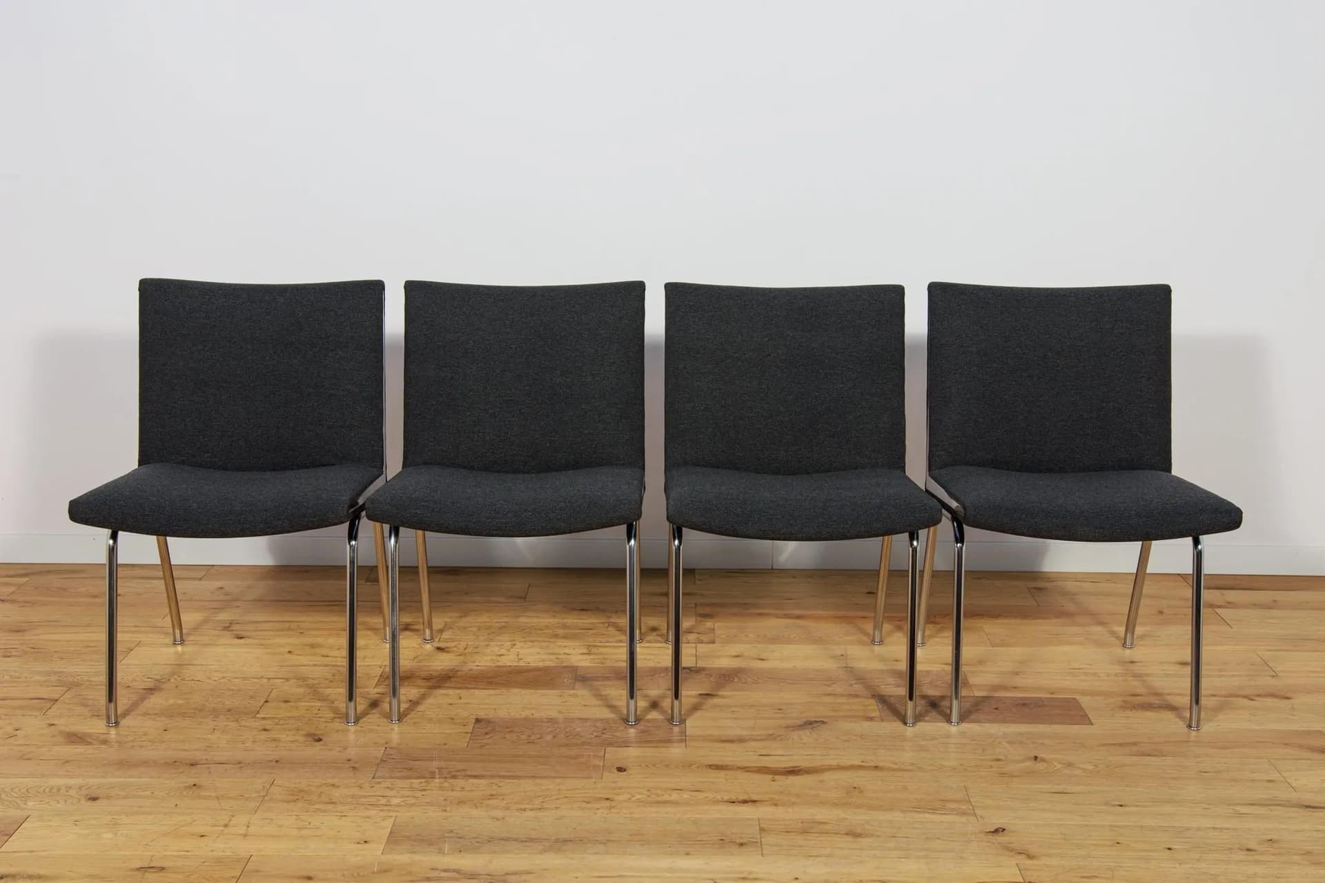 Set of Four Airport Armchairs AP-38, black wool, chrome steel, by H. J. Wegner, Denmark, 1950s. - 71744
