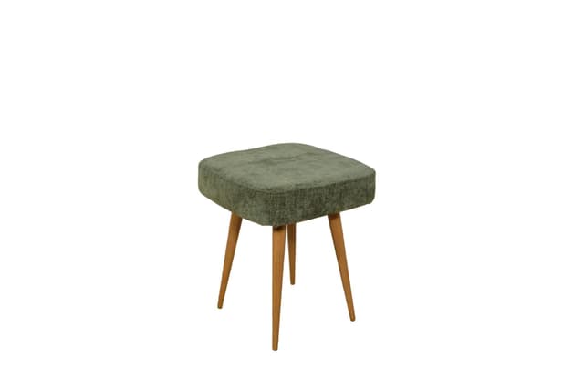 Stołek, oliwkowa wełna, buk, Polska, lata 70. - WYMIARY