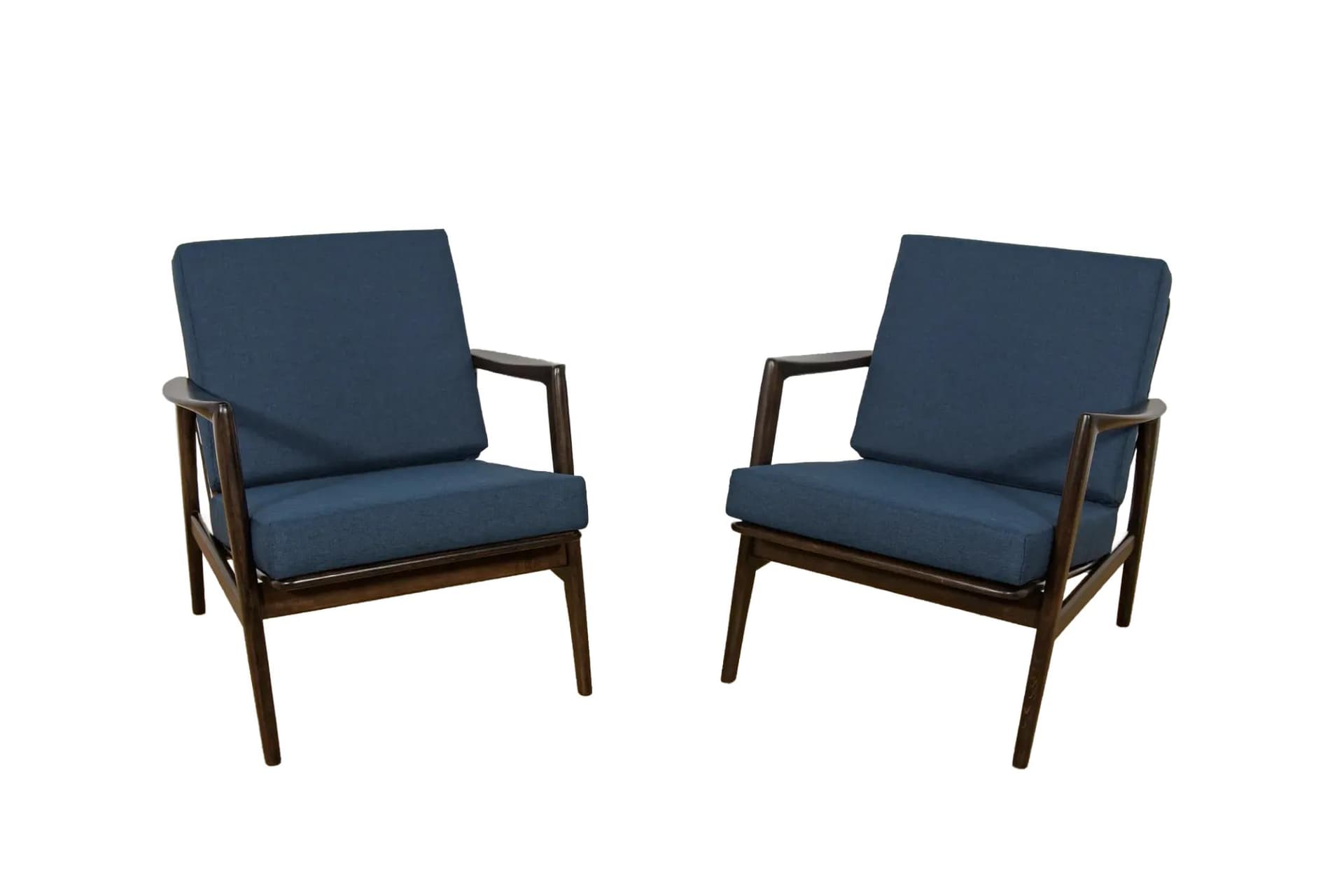 Pair of armchairs 300-139, navy blue, rosewood-stained beech, Swarzędzka Fabryka Mebli, Poland, 1960s.