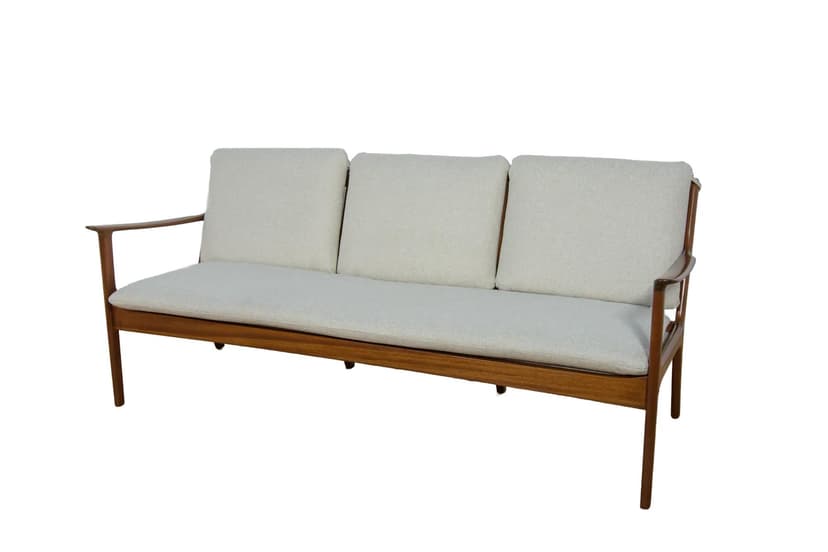 Sofa trzyosobowa PJ112, beżowy, mahoń, proj. O. Wanscher, Poul Jeppesens Møbelfabrik, Dania, lata 60.
