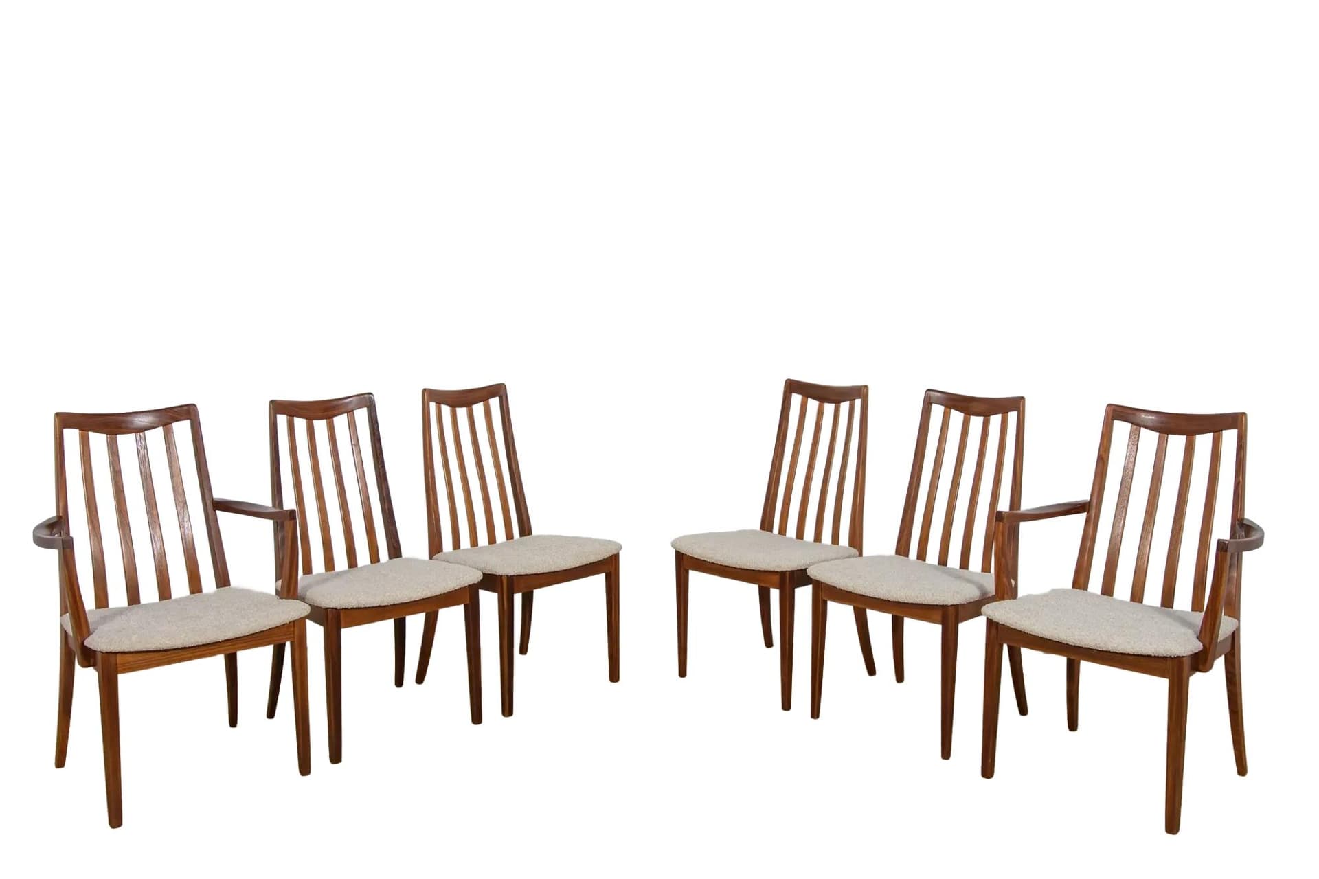 Komplet czterech krzeseł i dwóch foteli, teak brązowy jasny, proj. L. Dandy, G-Plan, Wielka Brytania, lata 60.