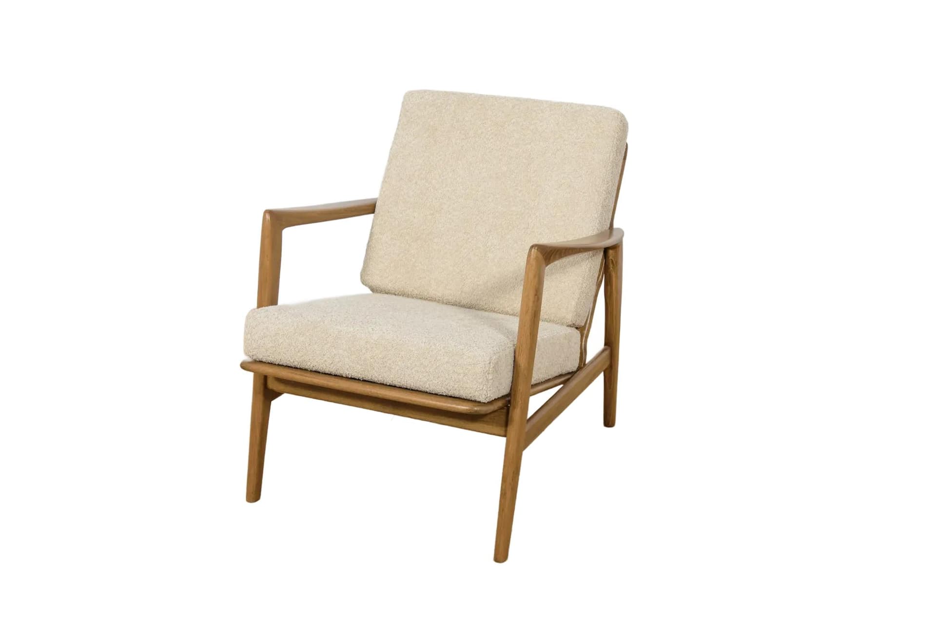 Fotel 300-139, boucle kremowy, buk brązowy, Swarzędzka Fabryka Mebli, Polska, lata 60.