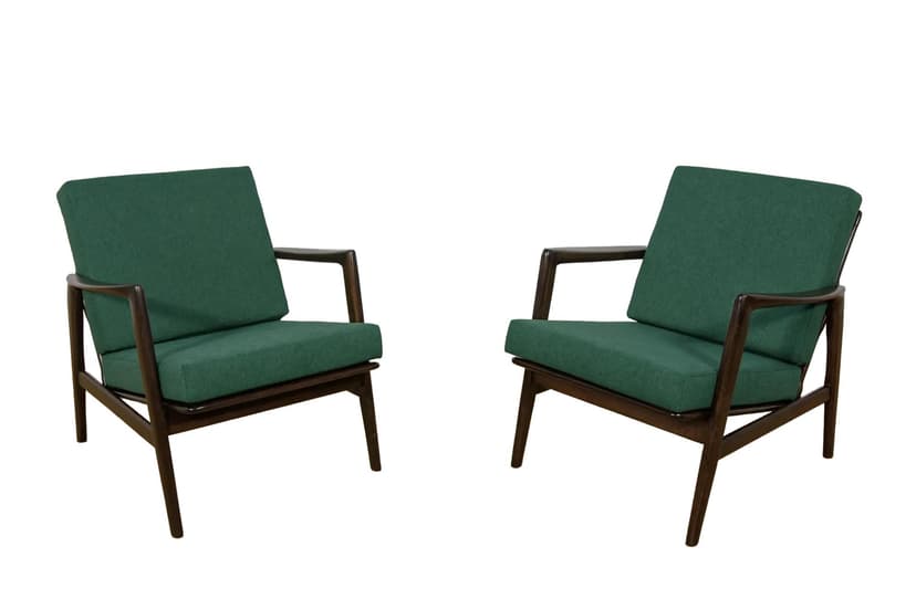Para foteli 300-139, buk brązowy, tkanina zielona, Swarzędzka Fabryka Mebli, Polska, lata 60.