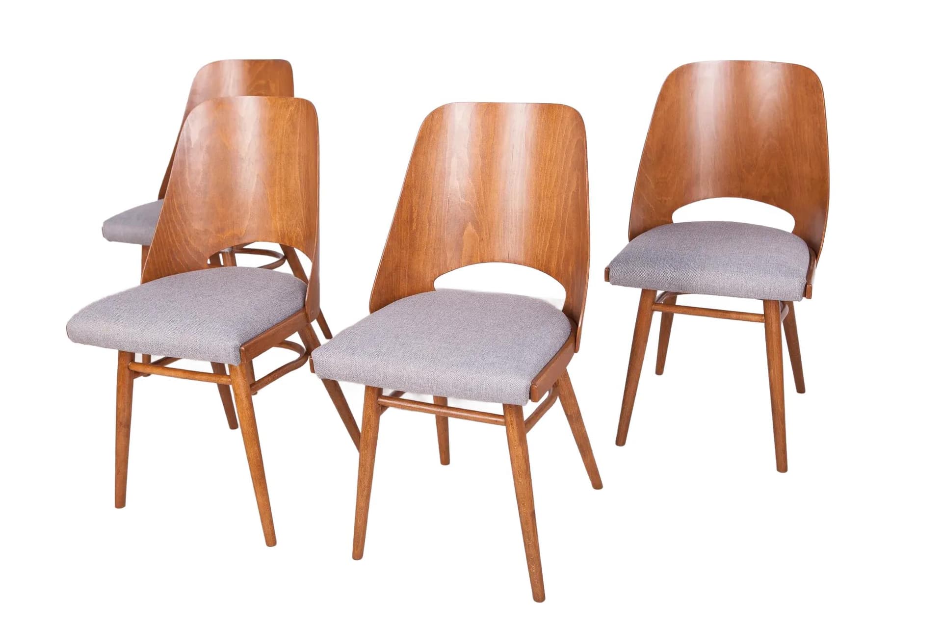 Set of four chairs, brown wood, grey fabric, Tatra Nabytok, Czechoslovakia, 1960s.