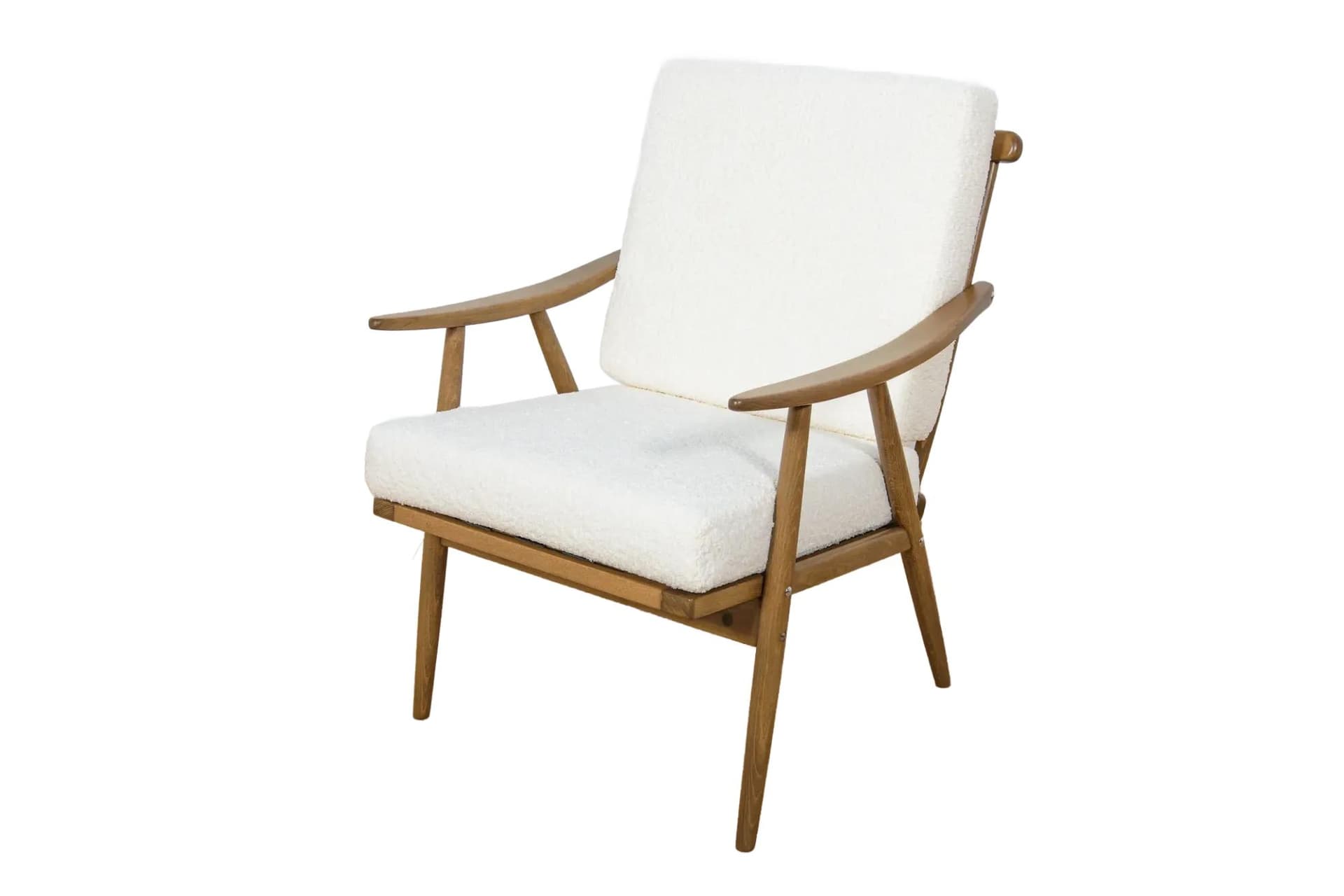 Fotel, boucle biały, buk brązowy, TON, Czechosłowacja, lata 60.