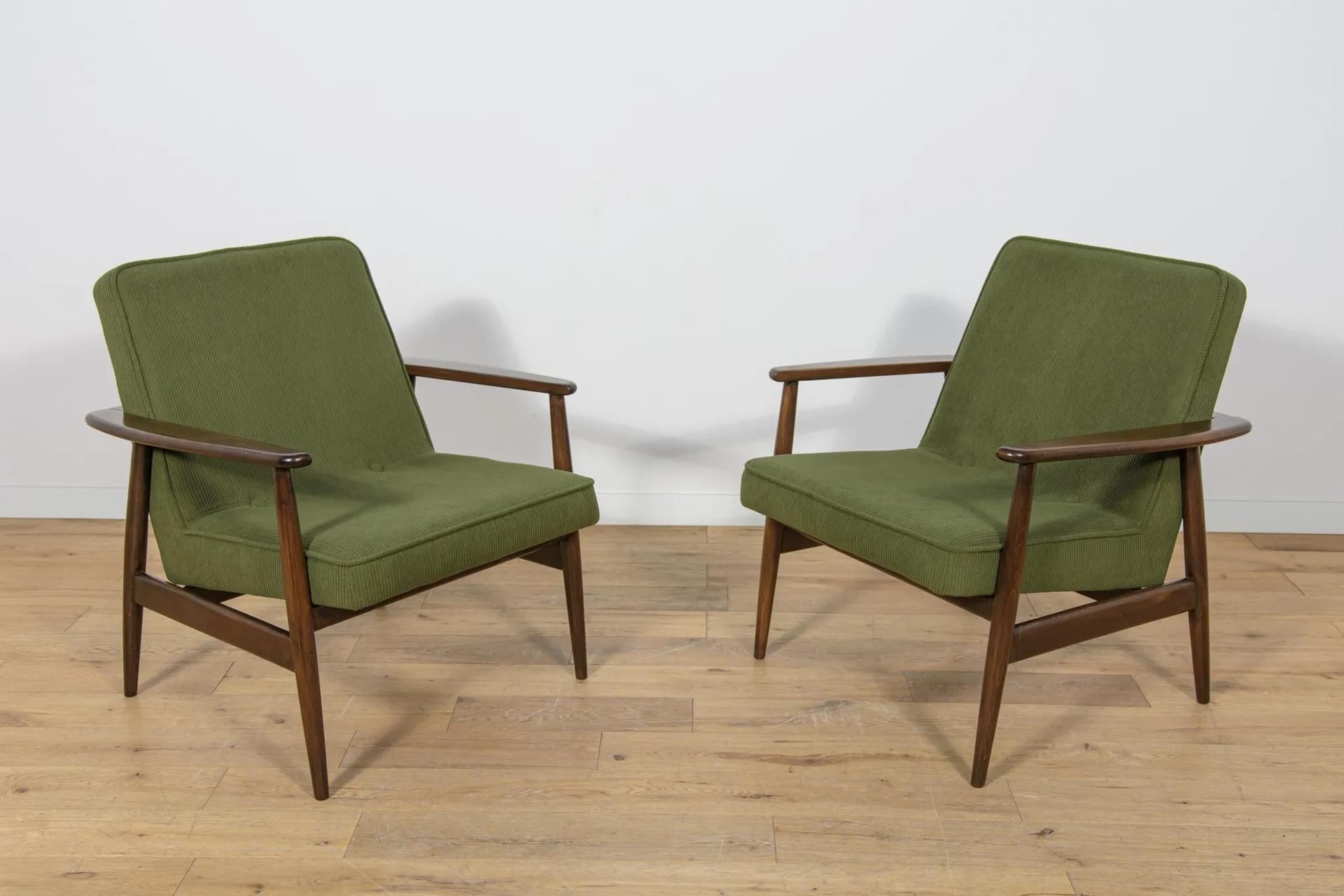 Pair of armchairs Typ 300-192, olive corduroy, rosewood-stained beech, by J. Kędziorek, Poland, 1970s. - 71118