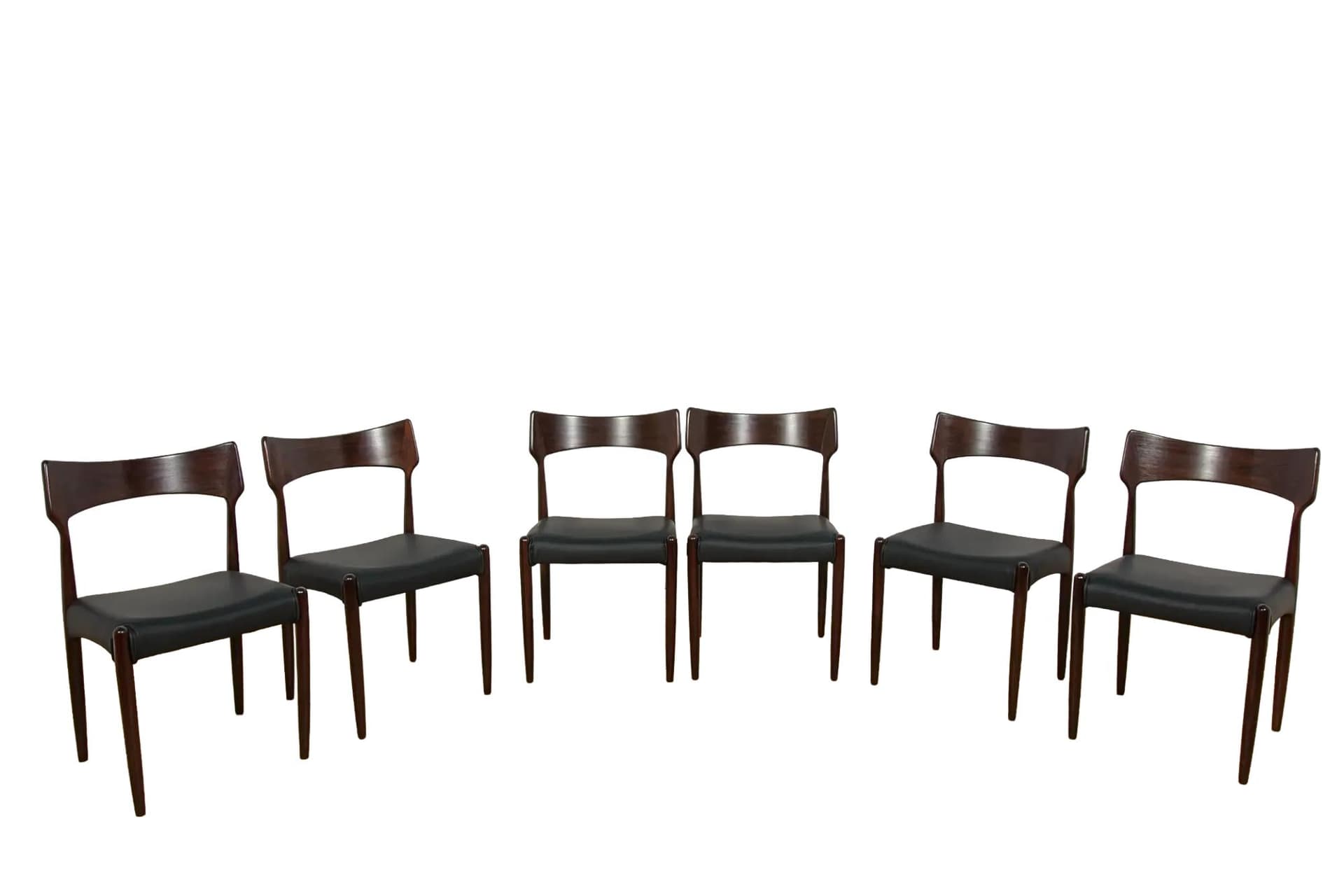 Komplet sześciu krzeseł, palisander brązowy, skóra czarna, Bernhard Pedersen & Søn, Dania, lata 60.