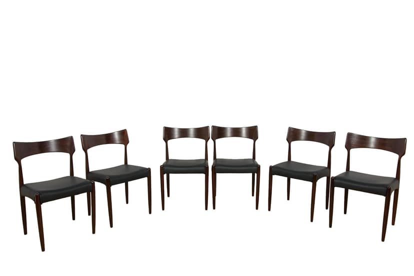 Komplet sześciu krzeseł, palisander brązowy, skóra czarna, Bernhard Pedersen & Søn, Dania, lata 60.