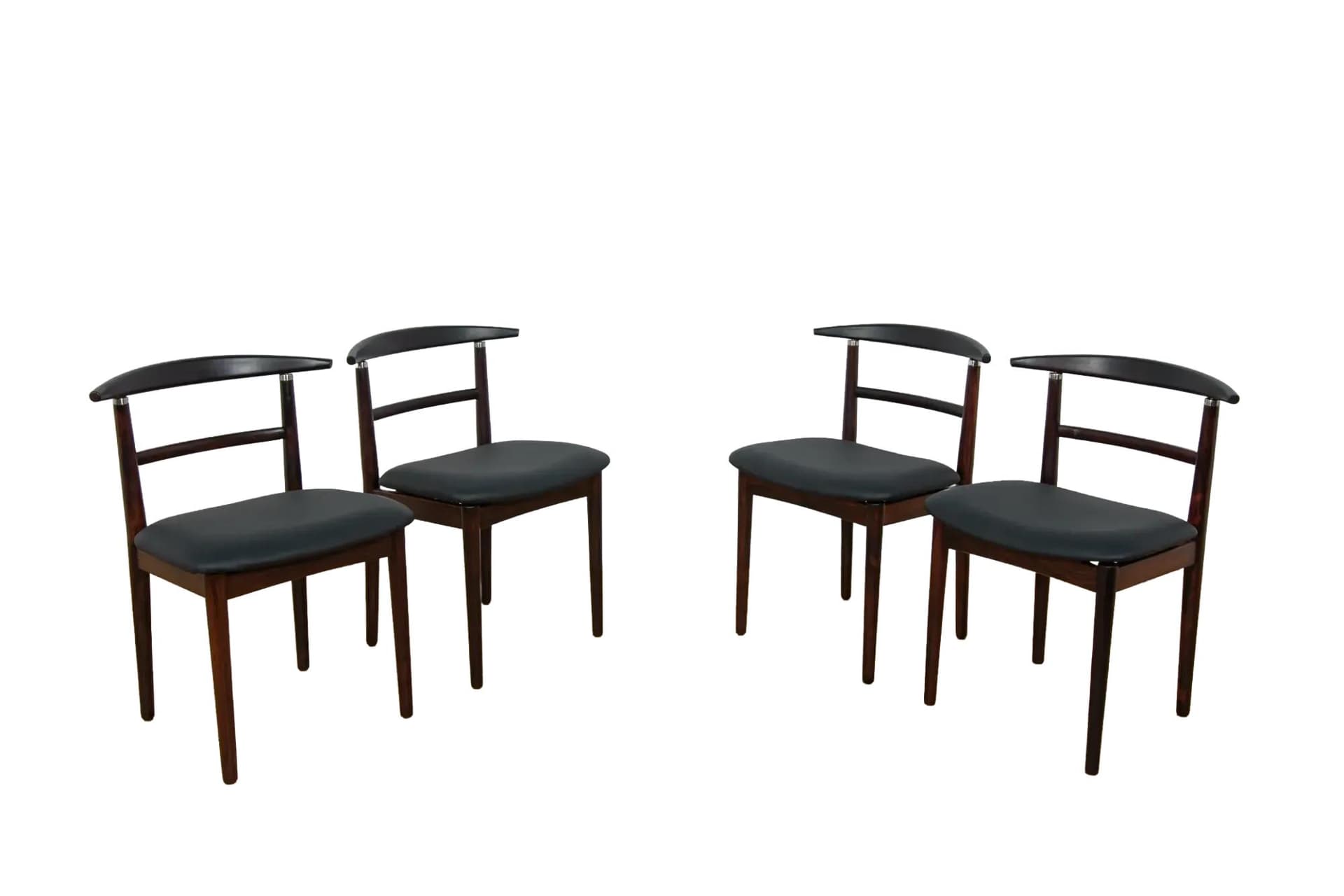 Komplet czterech krzeseł, palisander brązowy, skóra naturalna czarna, proj. H. Sibast & B. Rammerskov, Dania, lata 60.