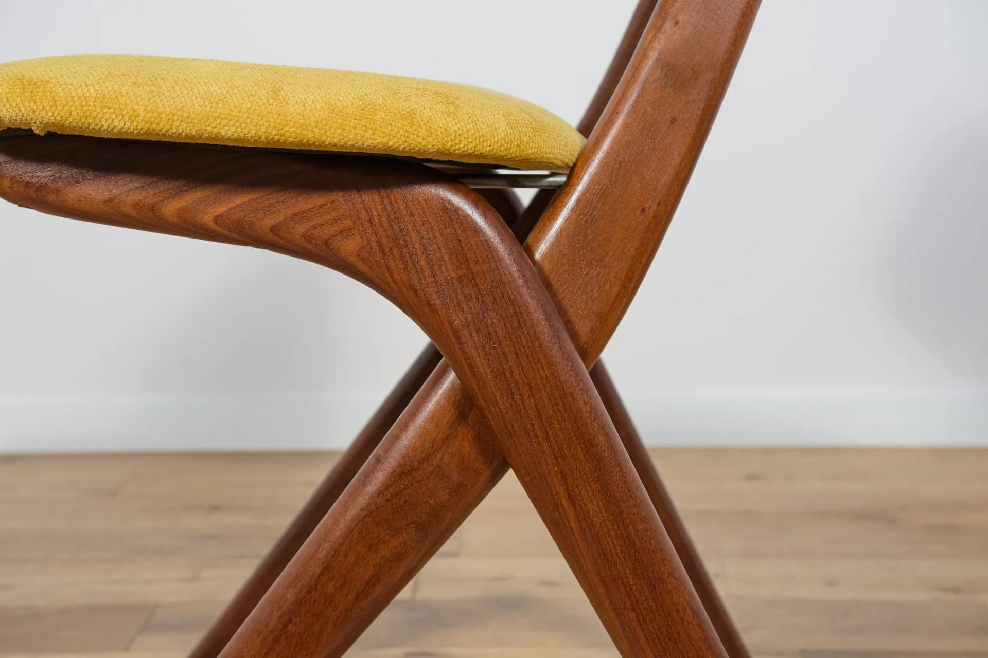 Set of four chairs Scissor, brown teak, yellow velvet, by L. van Teeffelen, Wébé, Netherlands, 1950s. - 70951