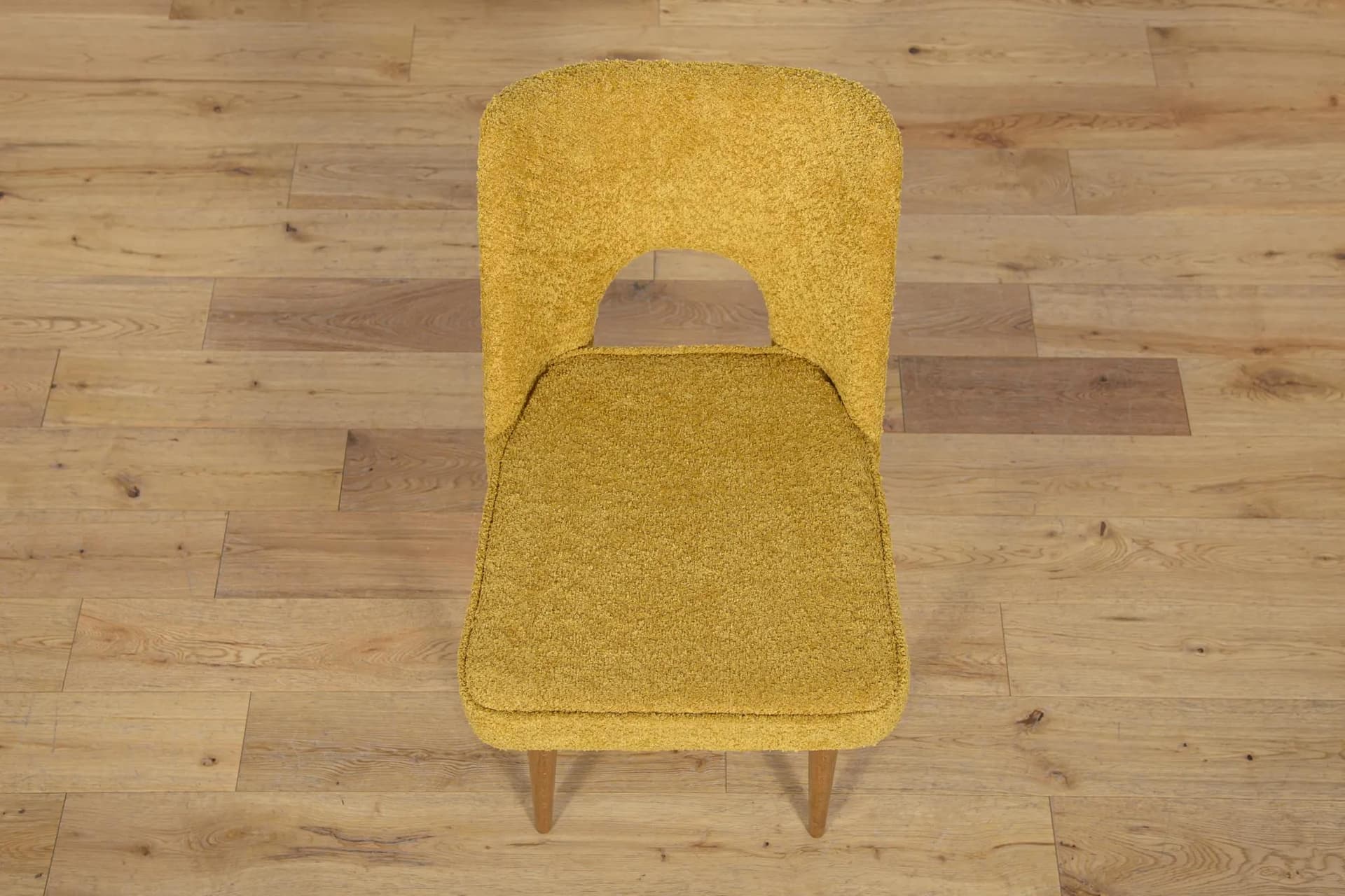 Set of six Muszelka chairs, yellow boucle, oak wood, Bydgoska Fabryka Mebli, Poland, 1960s. - 70780