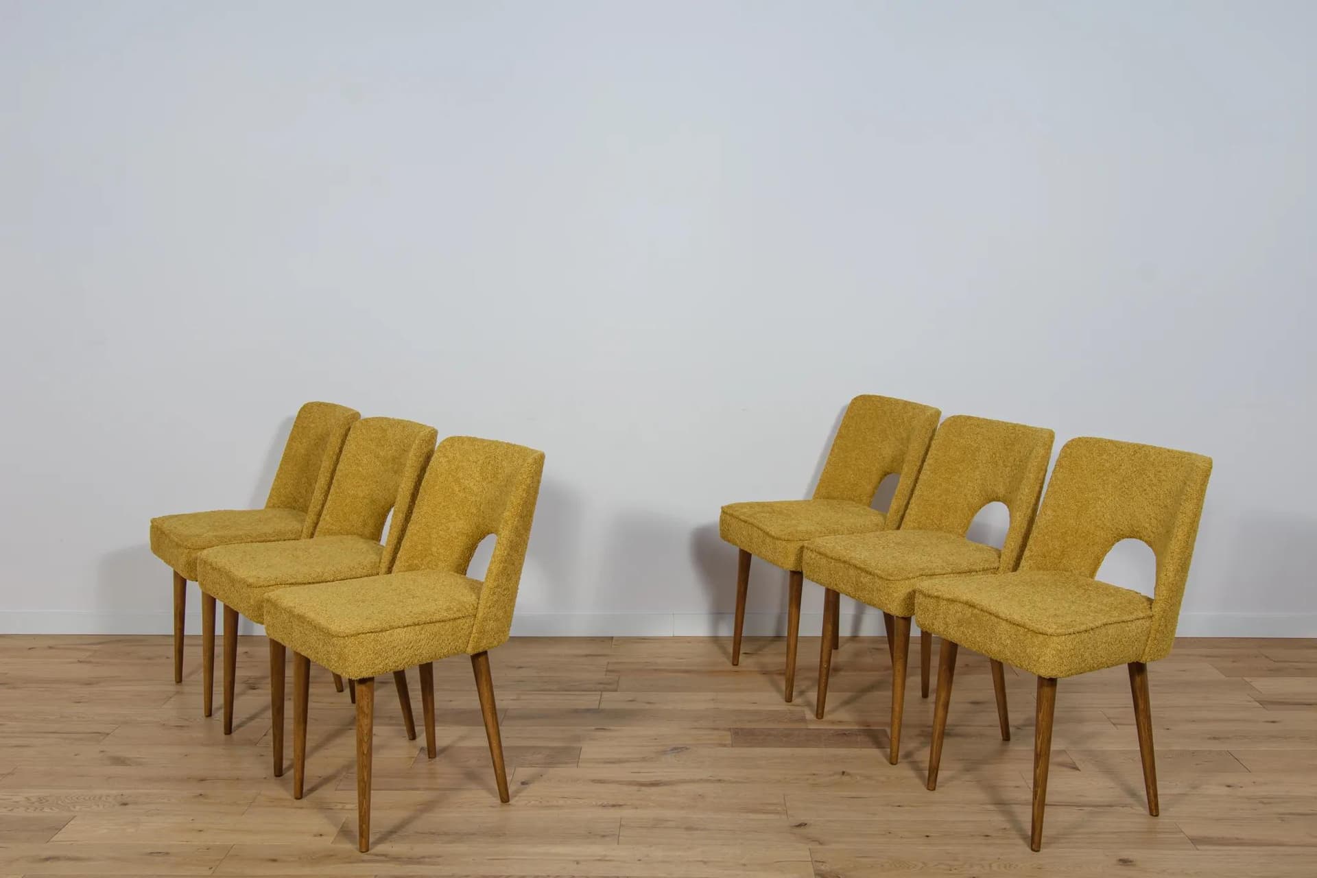 Set of six Muszelka chairs, yellow boucle, oak wood, Bydgoska Fabryka Mebli, Poland, 1960s. - 70782