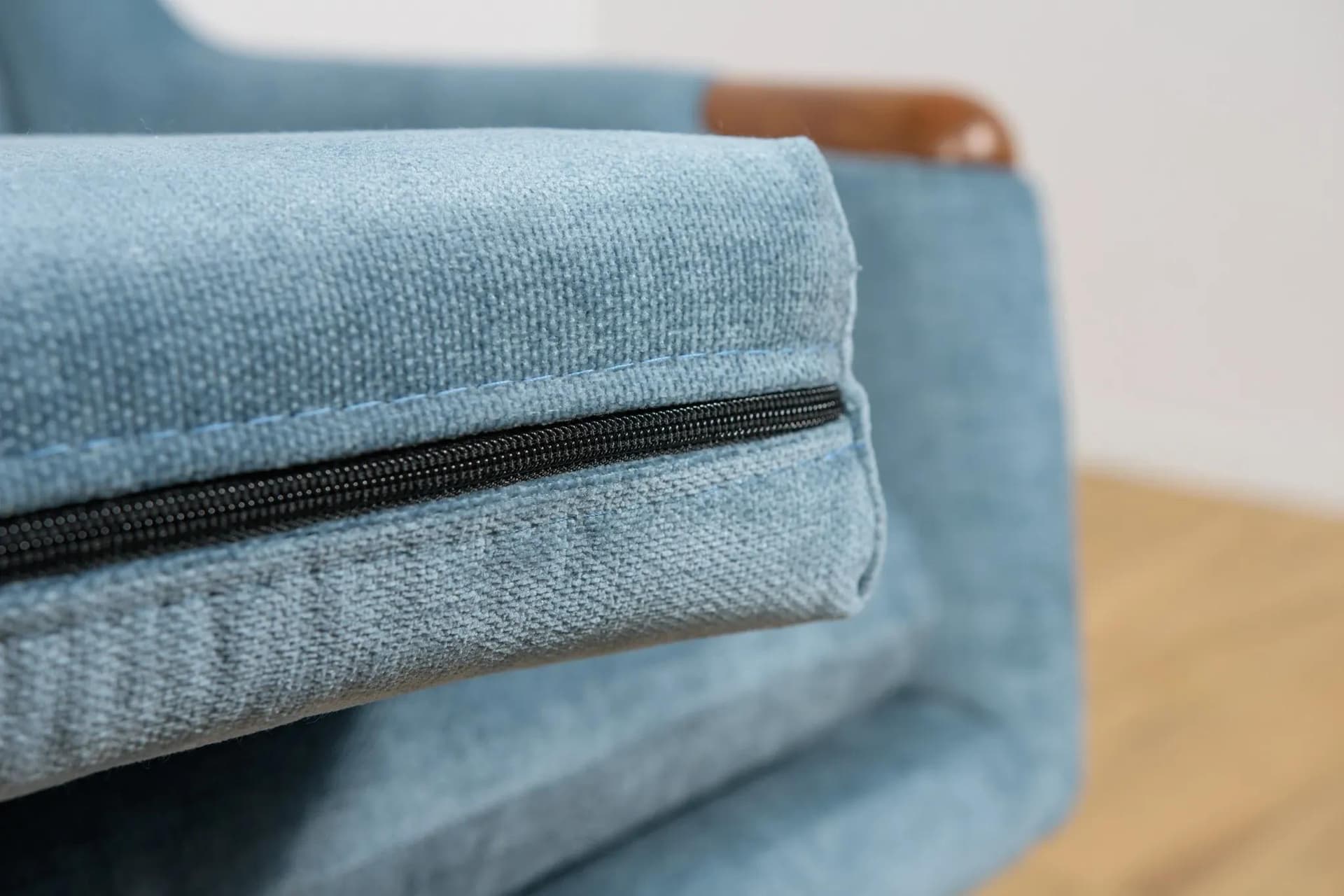 Sofa, dąb brązowy, tkanina niebieska, Dania, lata 60. - 70764