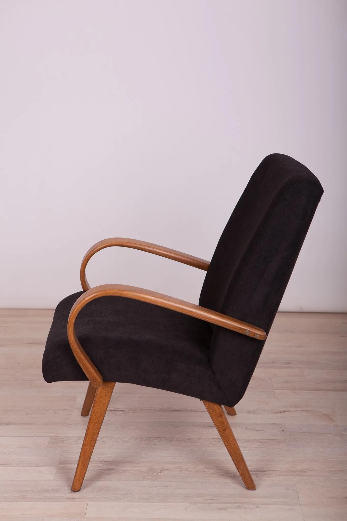 Armchair Model 53, black velvet, beech, by J. Šmidek, TON, Czechoslovakia, 1960s. - 70732