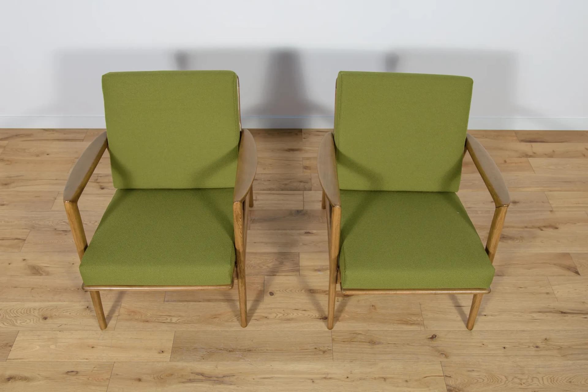 Pair of armchairs 300-139, walnut beech, olive cushions, Swarzędzka Fabryka Mebli, Poland, 1960s. - 70706