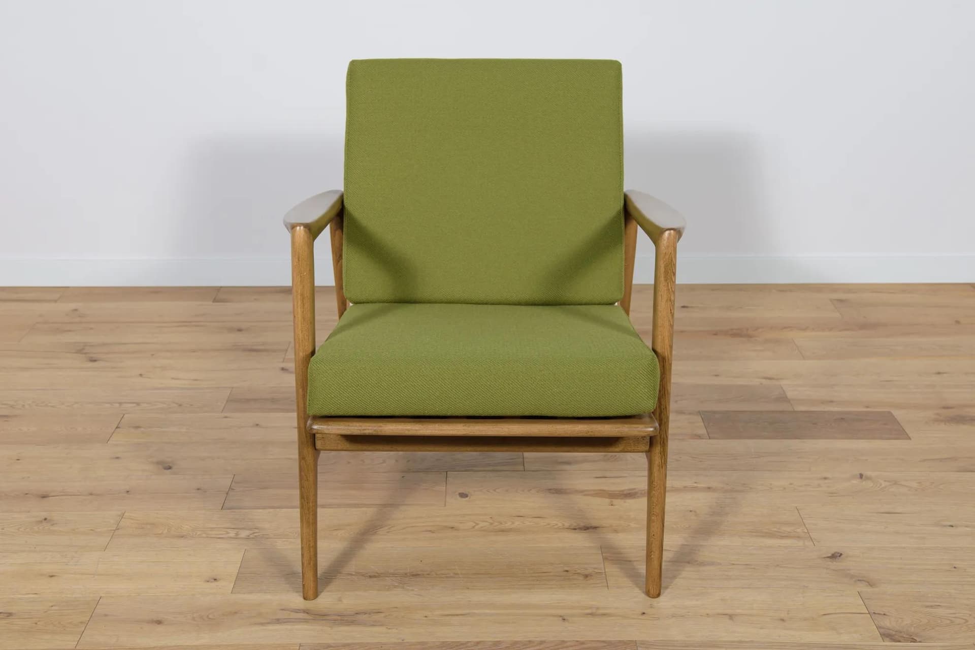 Pair of armchairs 300-139, walnut beech, olive cushions, Swarzędzka Fabryka Mebli, Poland, 1960s. - 70708