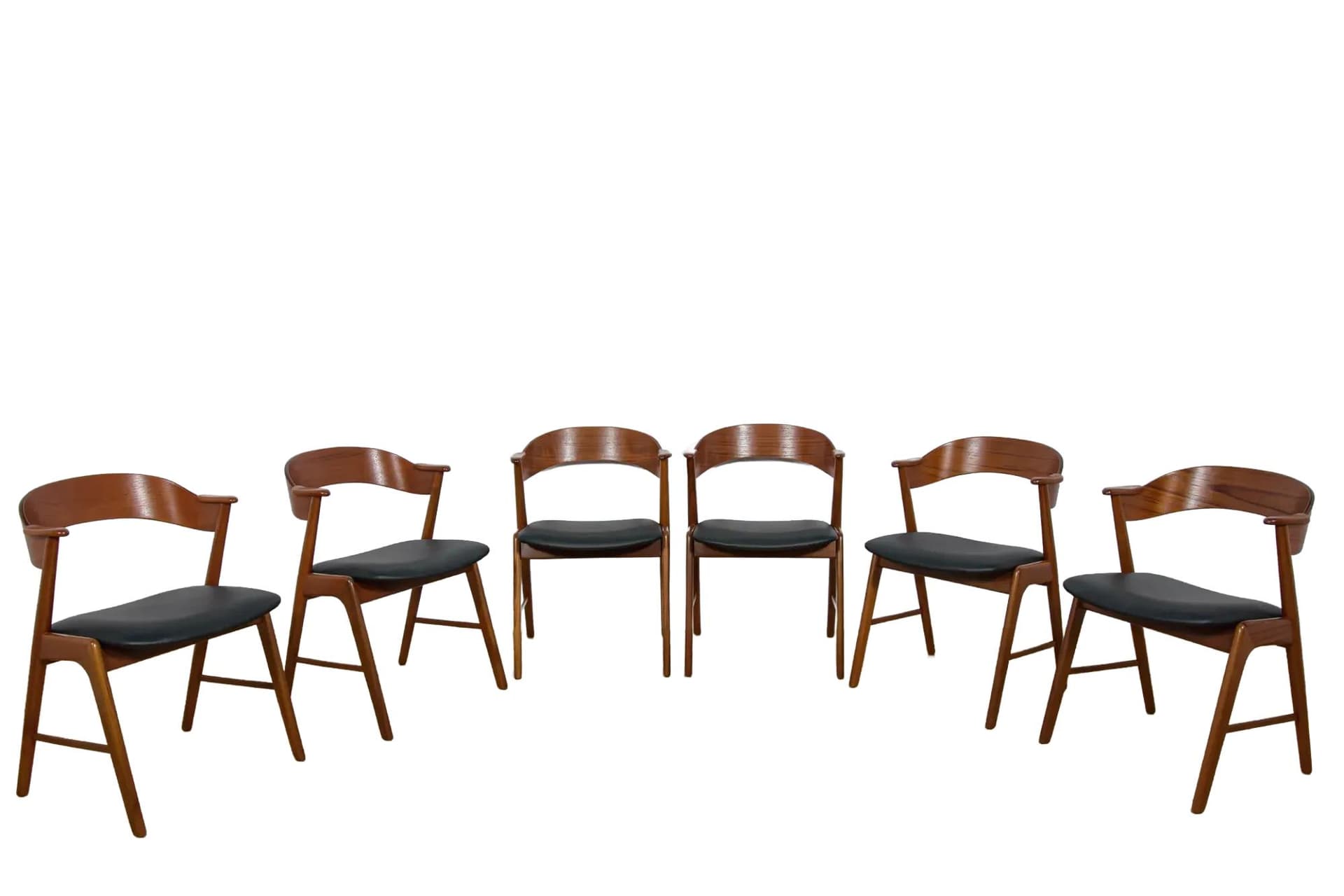 Set of six chairs, brown teak, black leather, Korup Stolefabrik, Denmark, 1960s.