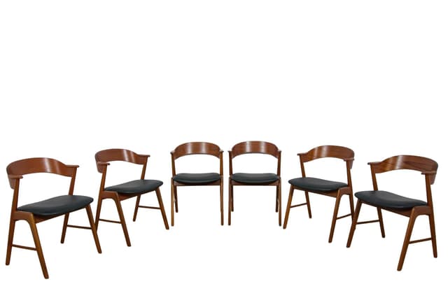 Set of six chairs, brown teak, black leather, Korup Stolefabrik, Denmark, 1960s. - DIMENSION
